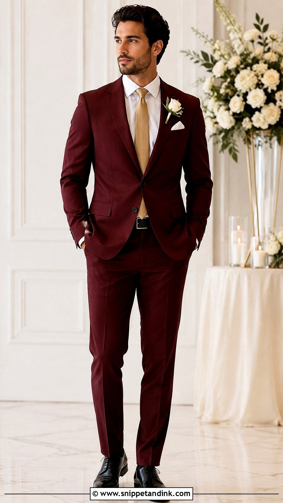 Burgundy Suit With Gold Tie - Snippet and Ink - 25 Burgundy Suit Wedding Ideas