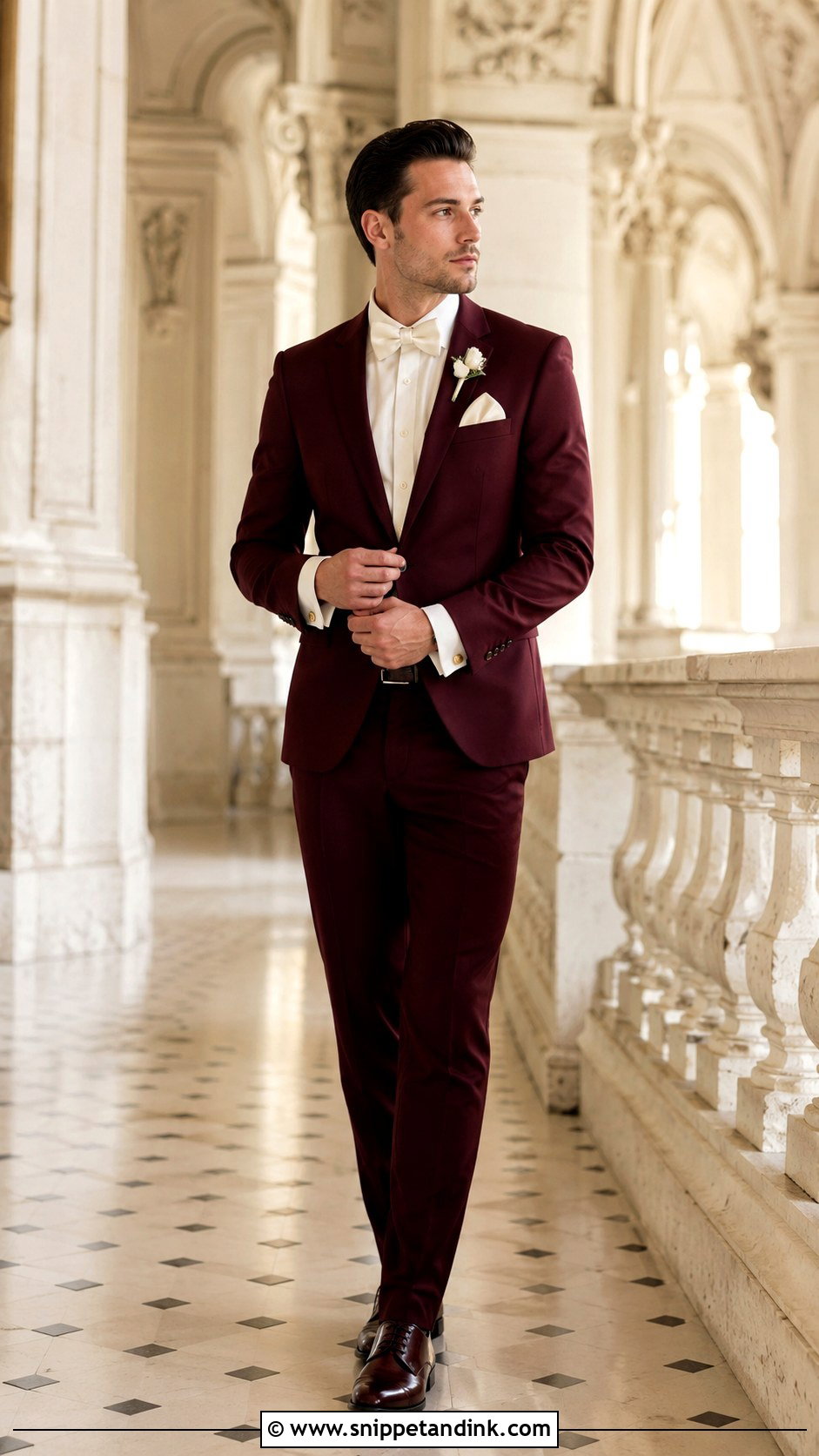 Burgundy Suit With Ivory Bow Tie - Snippet and Ink - 20 Bow Tie Wedding Ideas