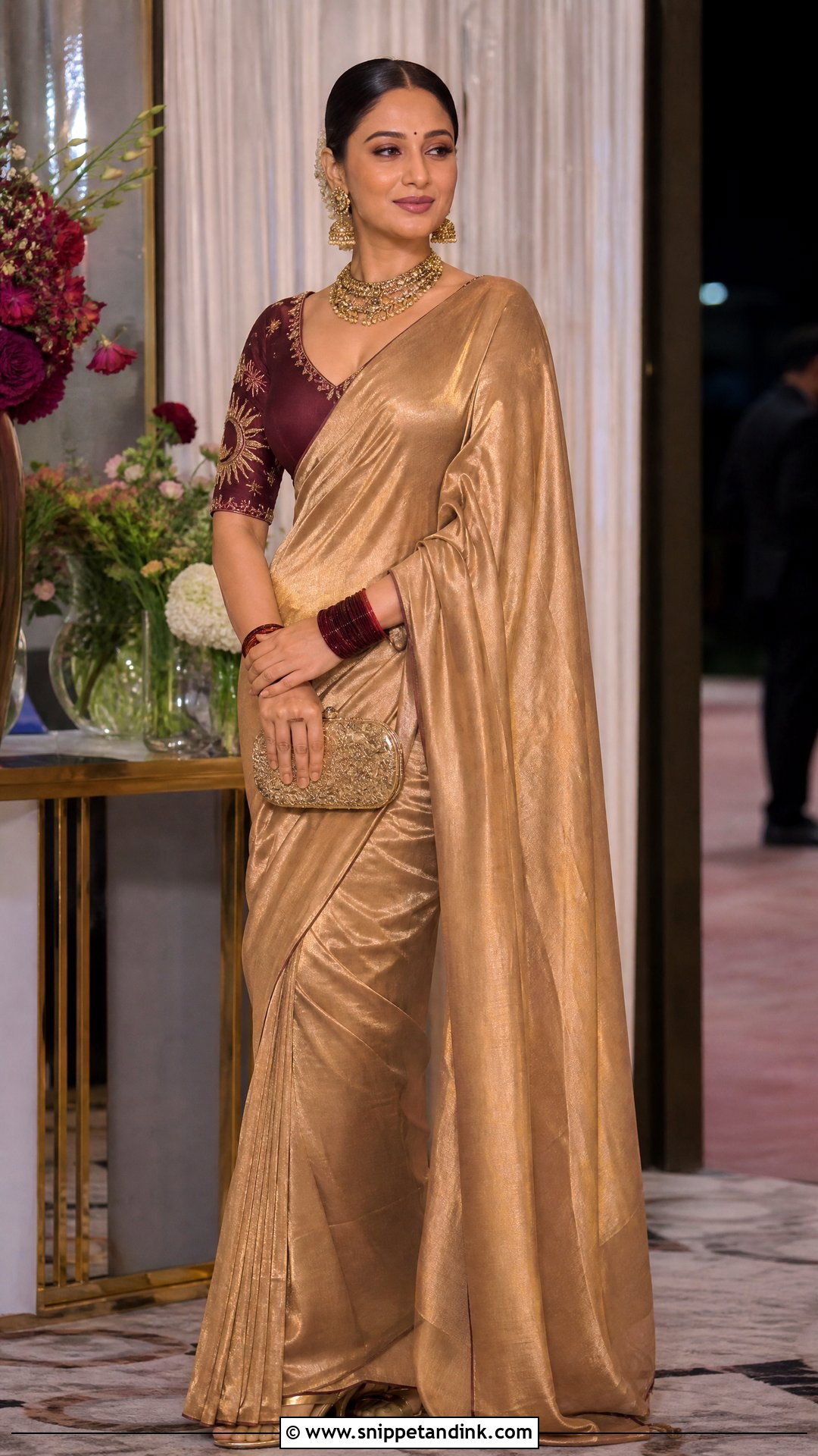 Burgundy Sun And Moon Maggam Work Blouse With Gold Saree - Snippet and Ink - 20 Wedding Maggam Work Blouse Designs