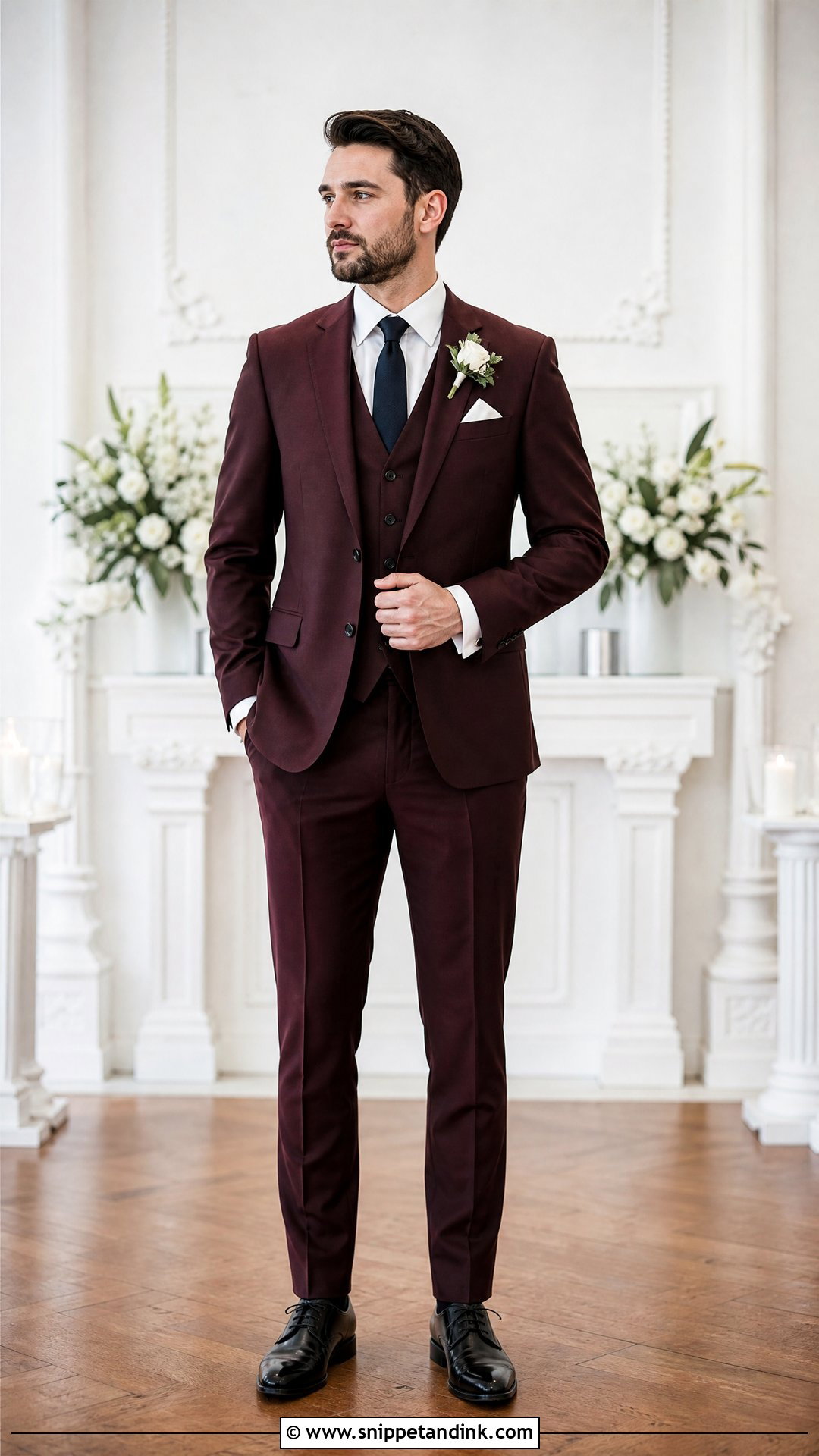 Burgundy Three Piece Winter Wedding Suit - Snippet and Ink - 20 Winter Wedding Suit Ideas