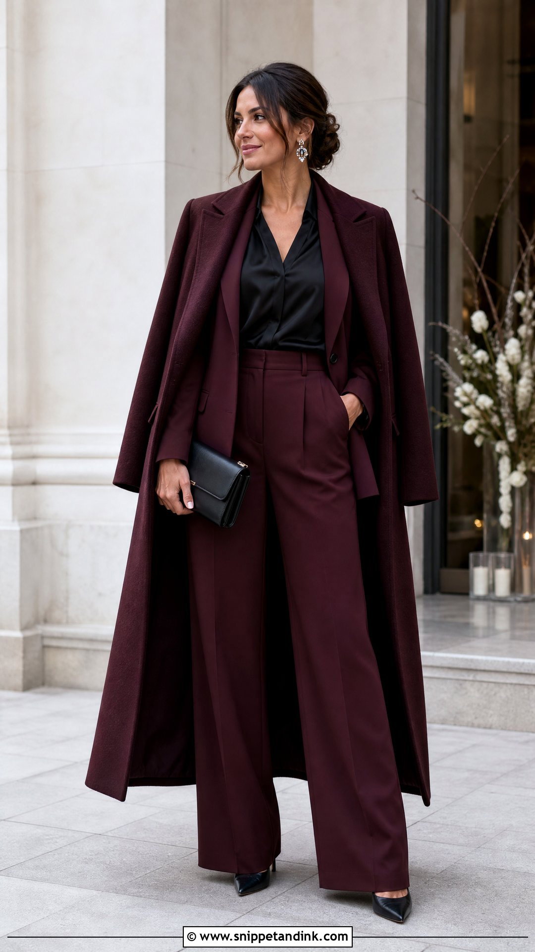 Burgundy Trousers And Satin Blouse Winter Wedding Outfit - Snippet and Ink - 20 Winter Outfits for Wedding