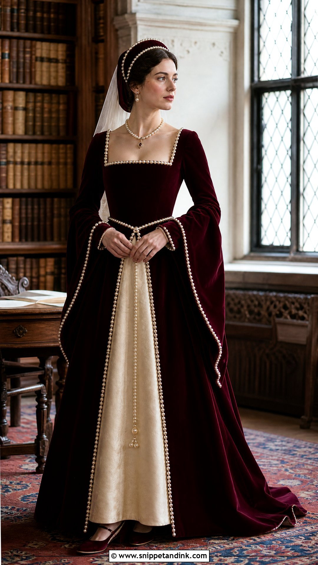 Burgundy Tudor Wedding Dress With Pearl Trim - Snippet and Ink - 20 Tudor Wedding Dress Ideas