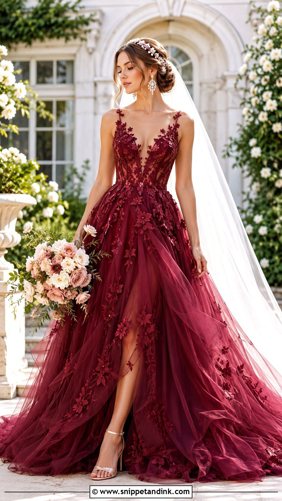 Burgundy Tulle Floral Applique Gown - Snippet and Ink - 20 Burgundy Wedding Gown Ideas