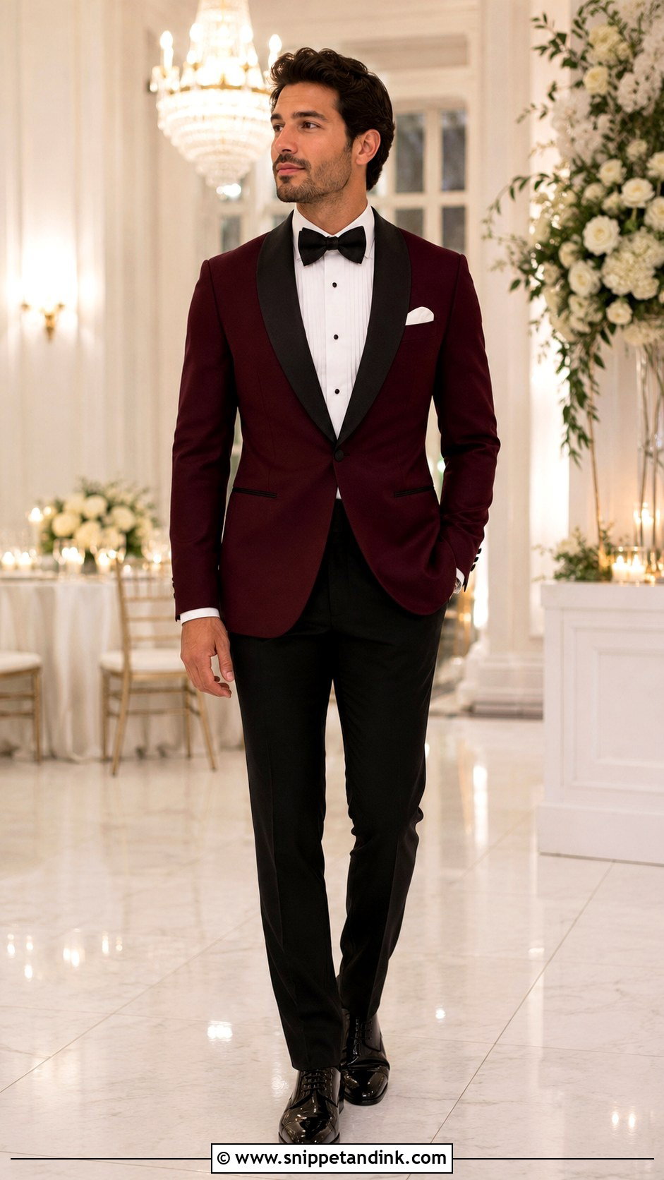 Burgundy Tuxedo Jacket With Black Pants - Snippet and Ink - 25 Burgundy Suit Wedding Ideas