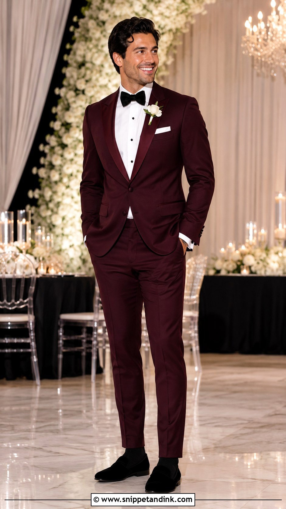 Burgundy Tuxedo With Black Velvet Loafers - Snippet and Ink - 20 Burgundy Tuxedo Wedding Ideas