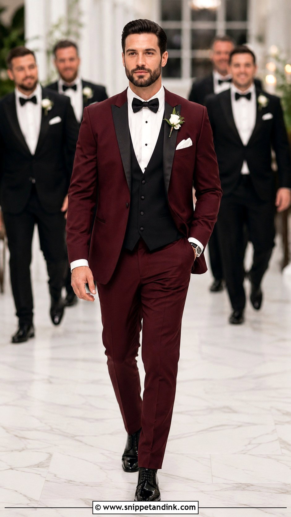 Burgundy Tuxedo With Black Vest - Snippet and Ink - 20 Burgundy Tuxedo Wedding Ideas