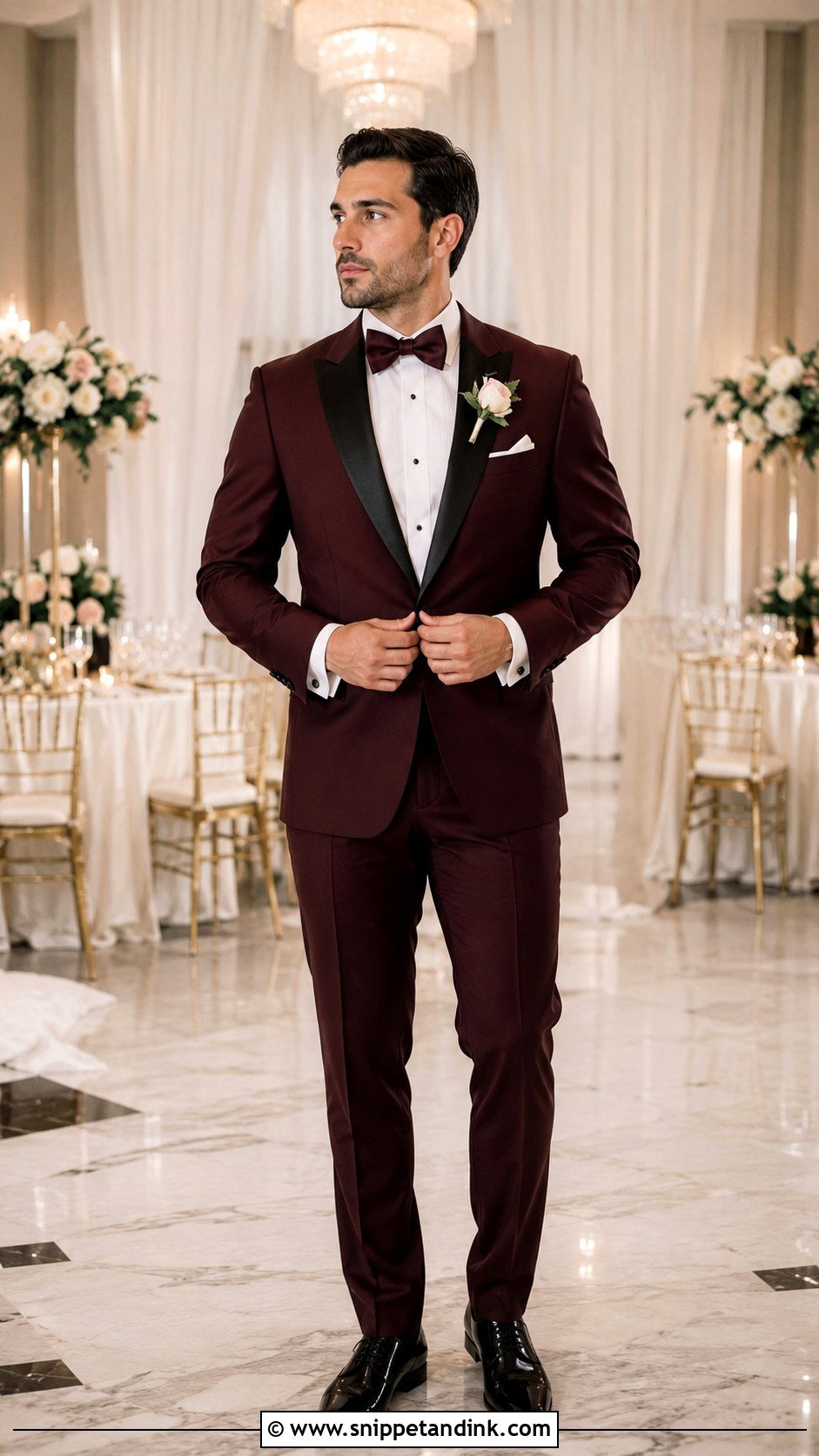 Burgundy Tuxedo With Burgundy Bow Tie - Snippet and Ink - 20 Burgundy Tuxedo Wedding Ideas