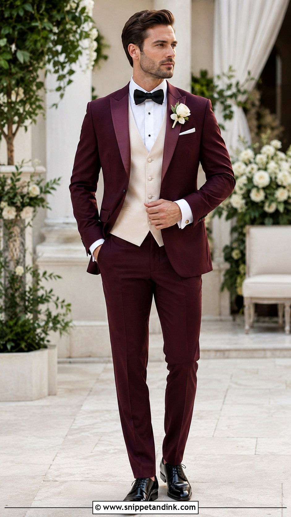 Burgundy Tuxedo With Champagne Vest - Snippet and Ink - 20 Burgundy Tuxedo Wedding Ideas
