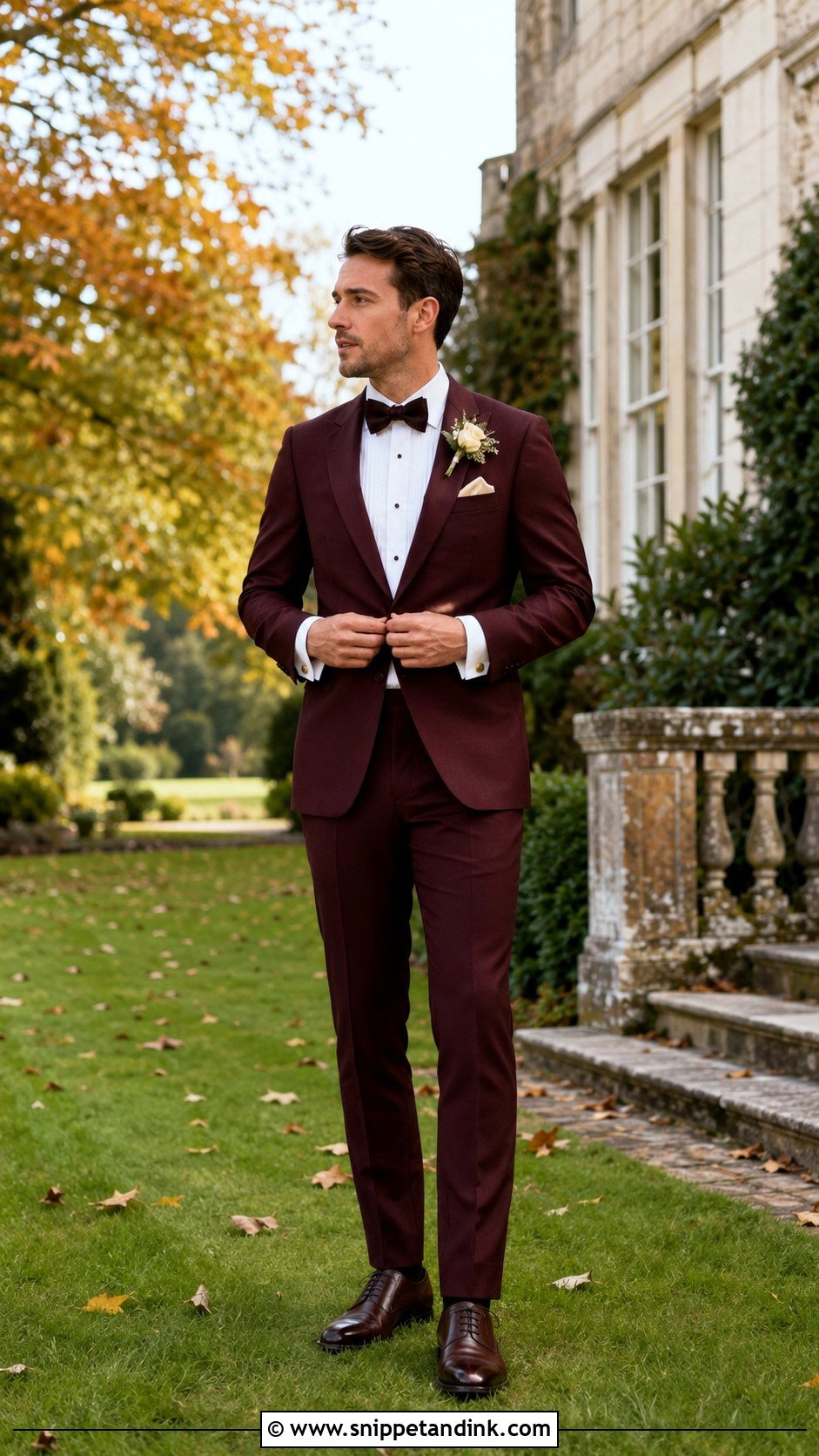 Burgundy Tuxedo With Dark Brown Shoes - Snippet and Ink - 20 Burgundy Tuxedo Wedding Ideas