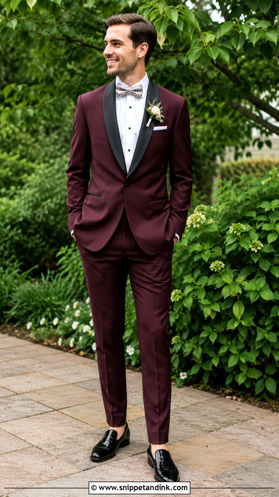 Burgundy Tuxedo With Floral Bow Tie - Snippet and Ink - 20 Burgundy Tuxedo Wedding Ideas