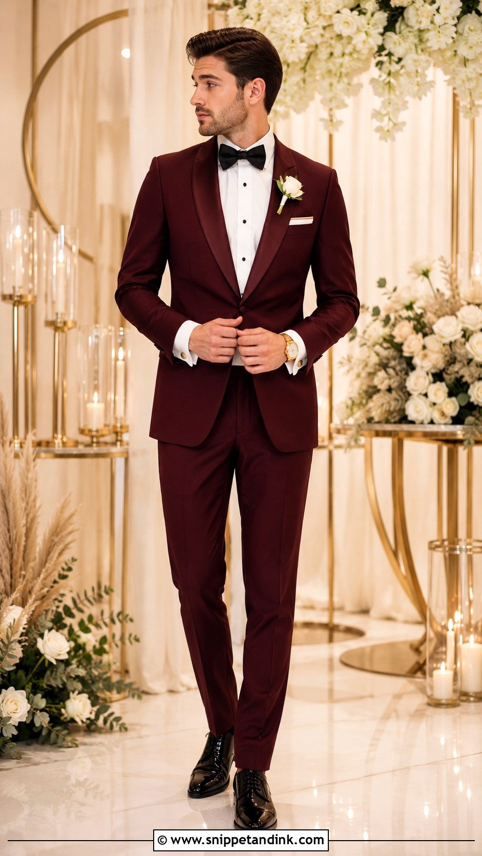 Burgundy Tuxedo With Gold Accessories - Snippet and Ink - 20 Burgundy Tuxedo Wedding Ideas