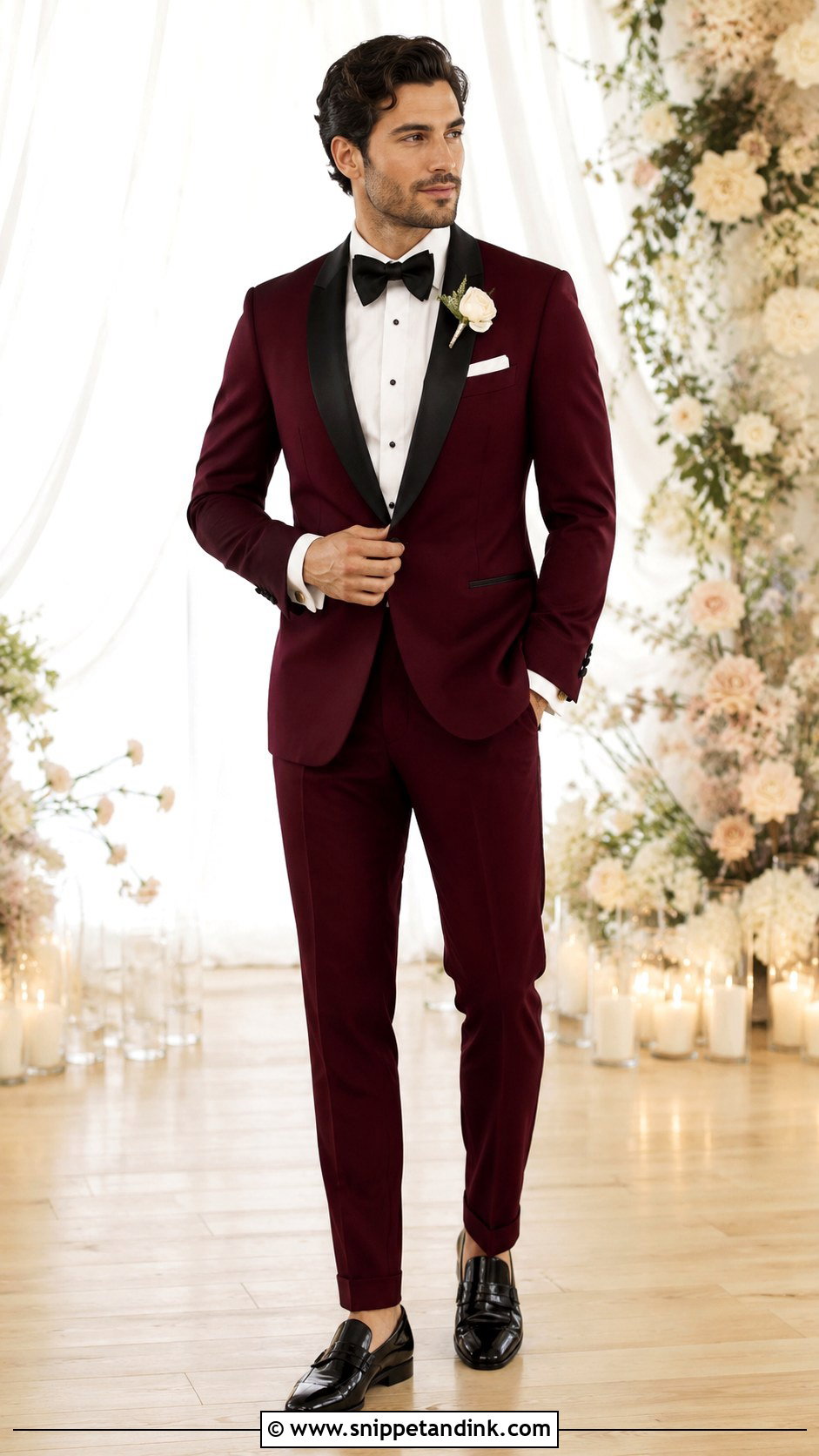 Burgundy Tuxedo With Ivory Shirt - Snippet and Ink - 20 Burgundy Tuxedo Wedding Ideas