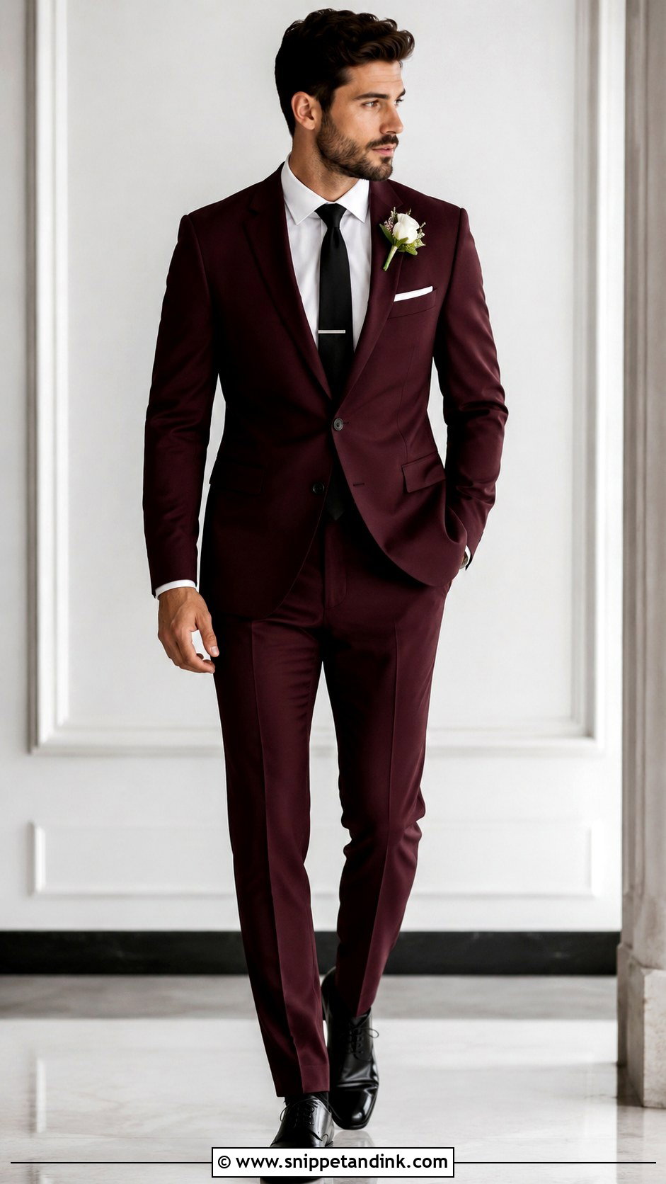 Burgundy Tuxedo With Long Black Tie - Snippet and Ink - 20 Burgundy Tuxedo Wedding Ideas