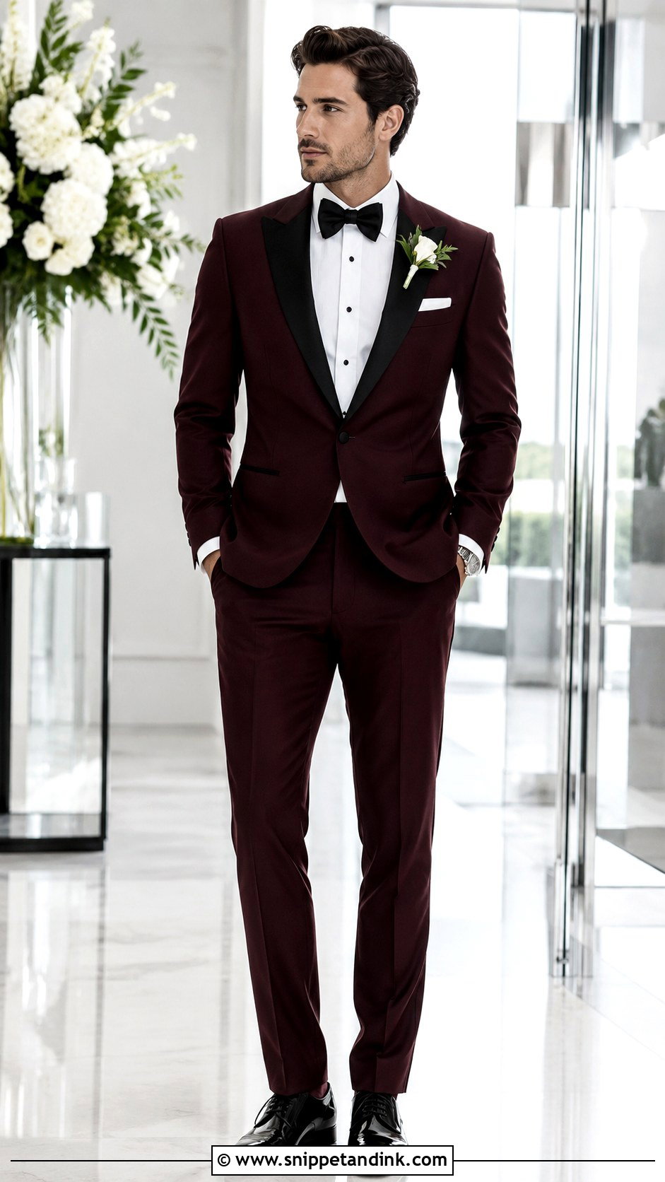 Burgundy Tuxedo With Silver Accessories - Snippet and Ink - 20 Burgundy Tuxedo Wedding Ideas