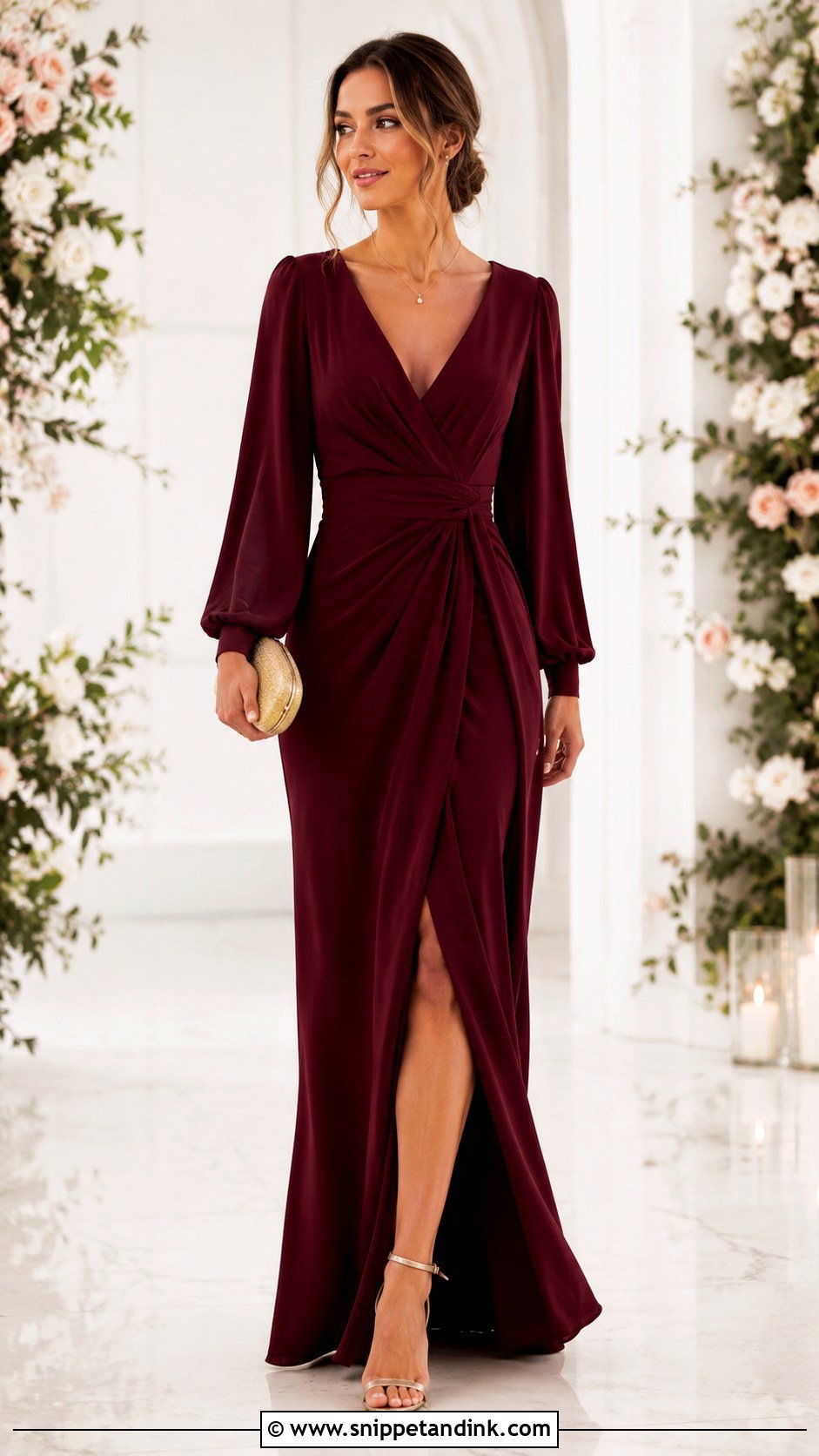 Burgundy V Neck Wedding Dress Outfit - Snippet and Ink - 30 Burgundy Wedding Dress Ideas