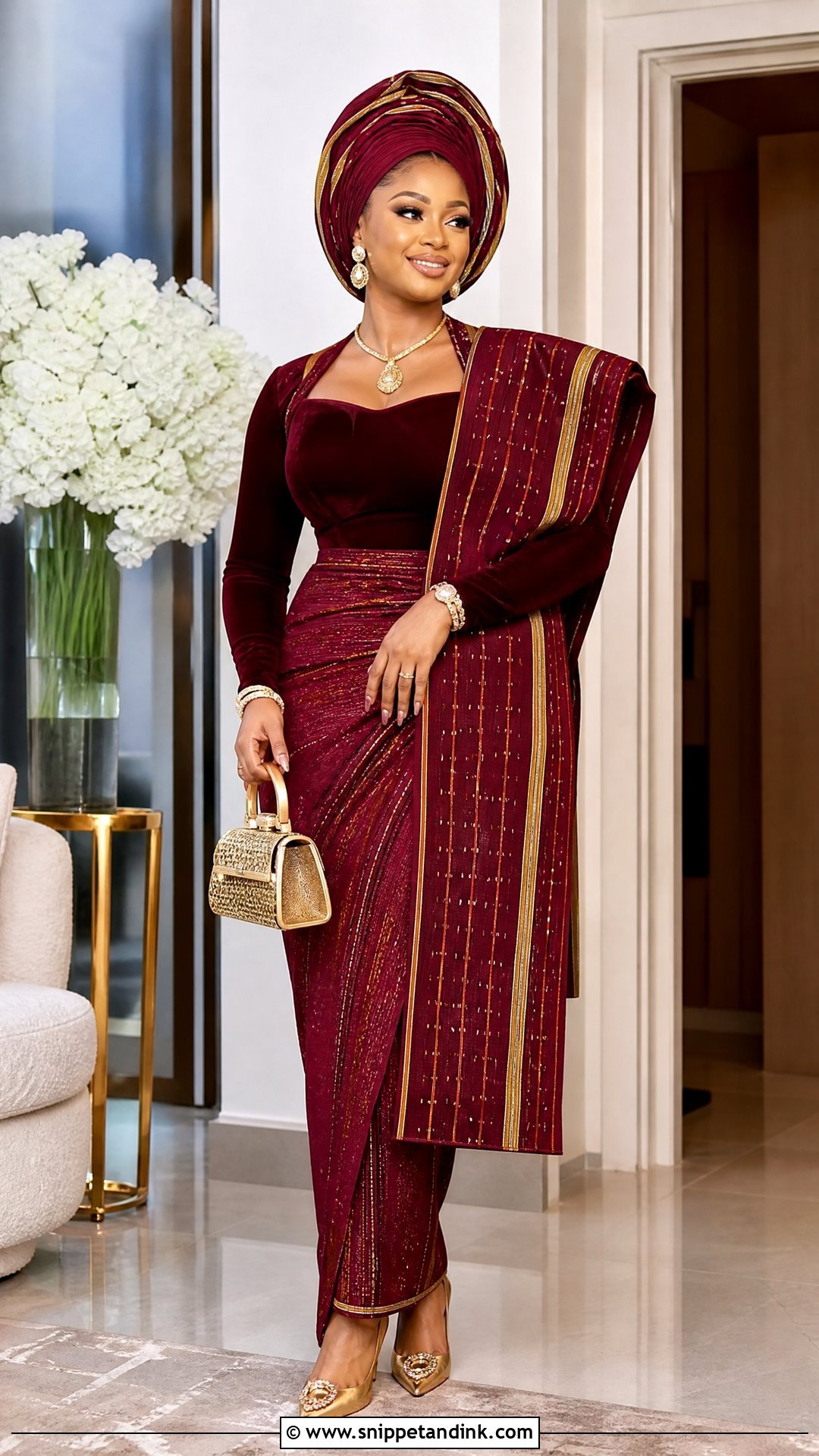 Burgundy Velvet And Aso Oke Outfit - Snippet and Ink - 20 Yoruba Introduction Outfit Ideas