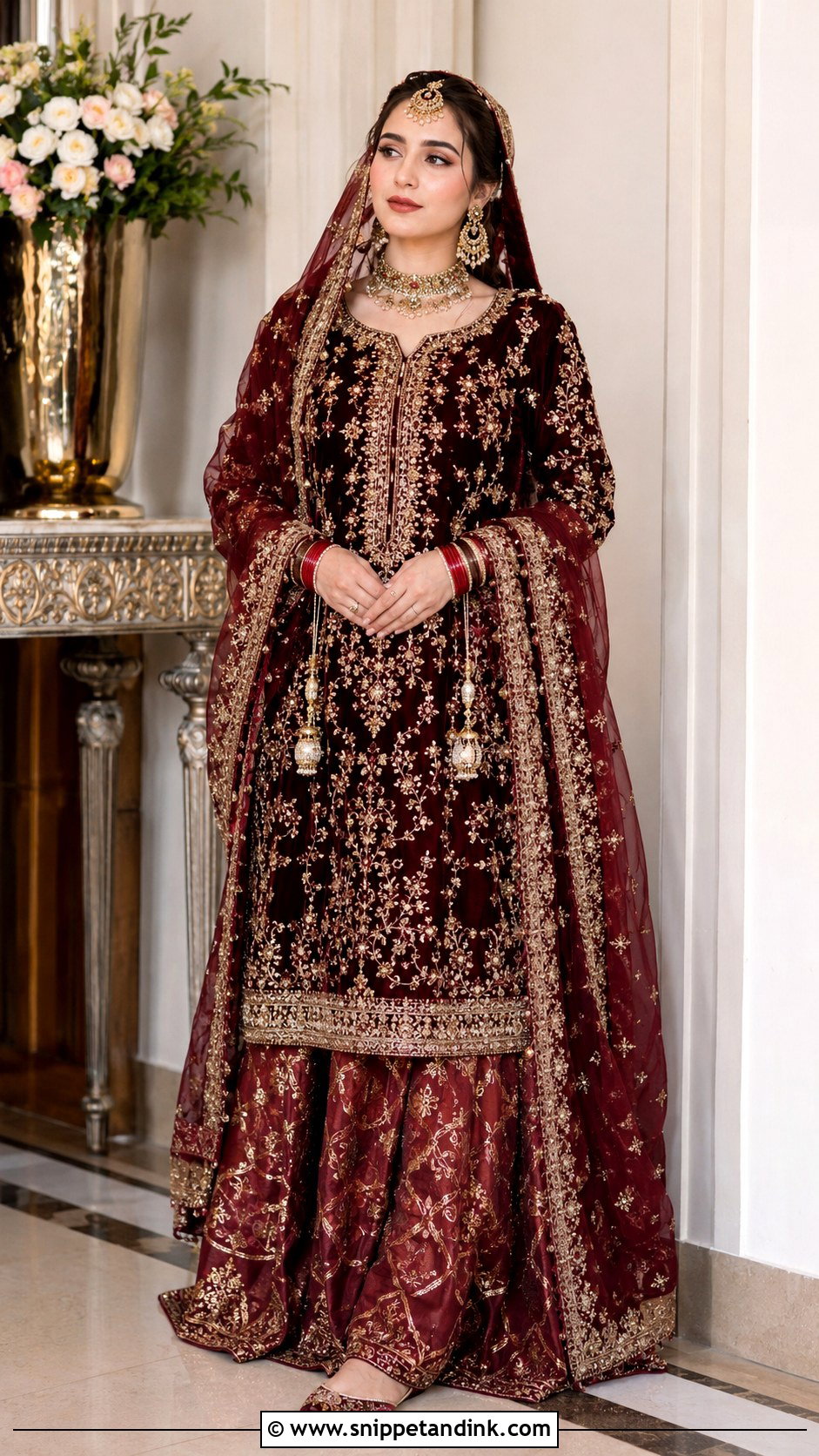Burgundy Velvet Barat Dress With Gold Embroidery - Snippet and Ink - 20 Barat Dress Design Ideas