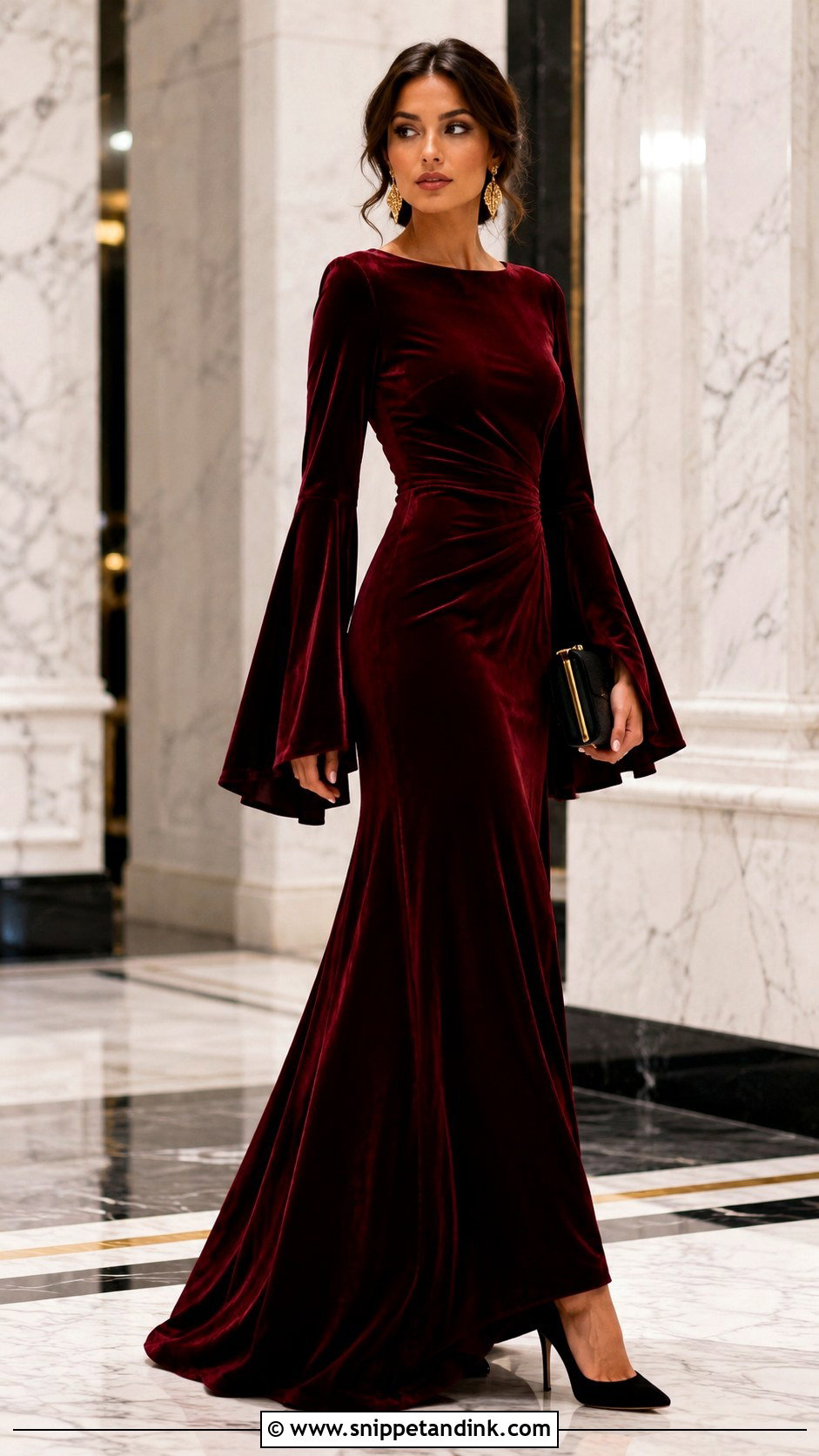 Burgundy Velvet Bell Sleeve Gown - Snippet and Ink - 20 Bell Sleeve Gown Ideas