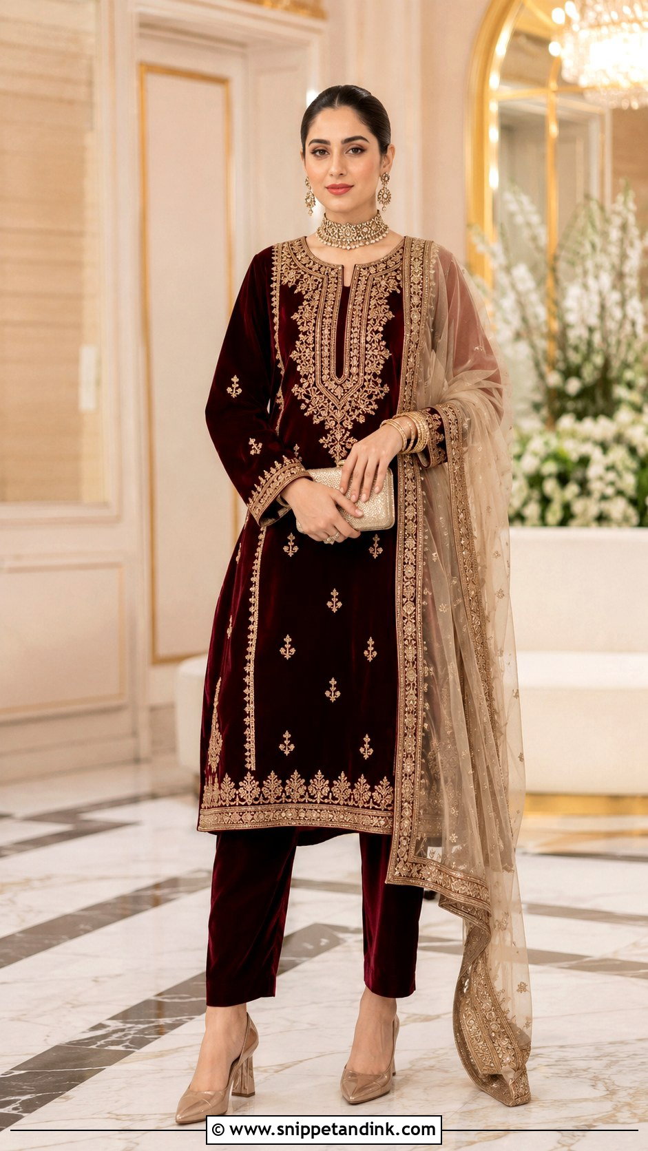 Burgundy Velvet Bridal Pant Suit - Snippet and Ink - 20 Bridal Salwar Suits