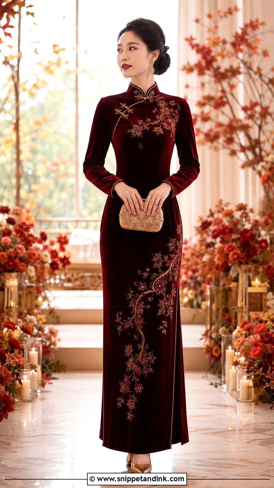 Burgundy Velvet Cheongsam Wedding Dress - Snippet and Ink - 20 Cheongsam Wedding Dress Ideas