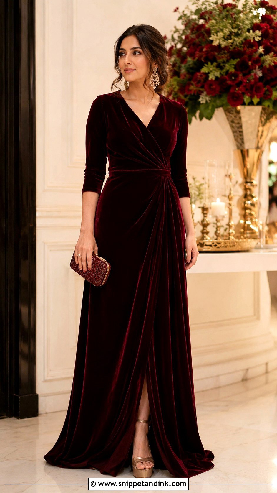 Burgundy Velvet Cocktail Gown With Statement Earrings - Snippet and Ink - 20 Cocktail Gowns Indian Weddings
