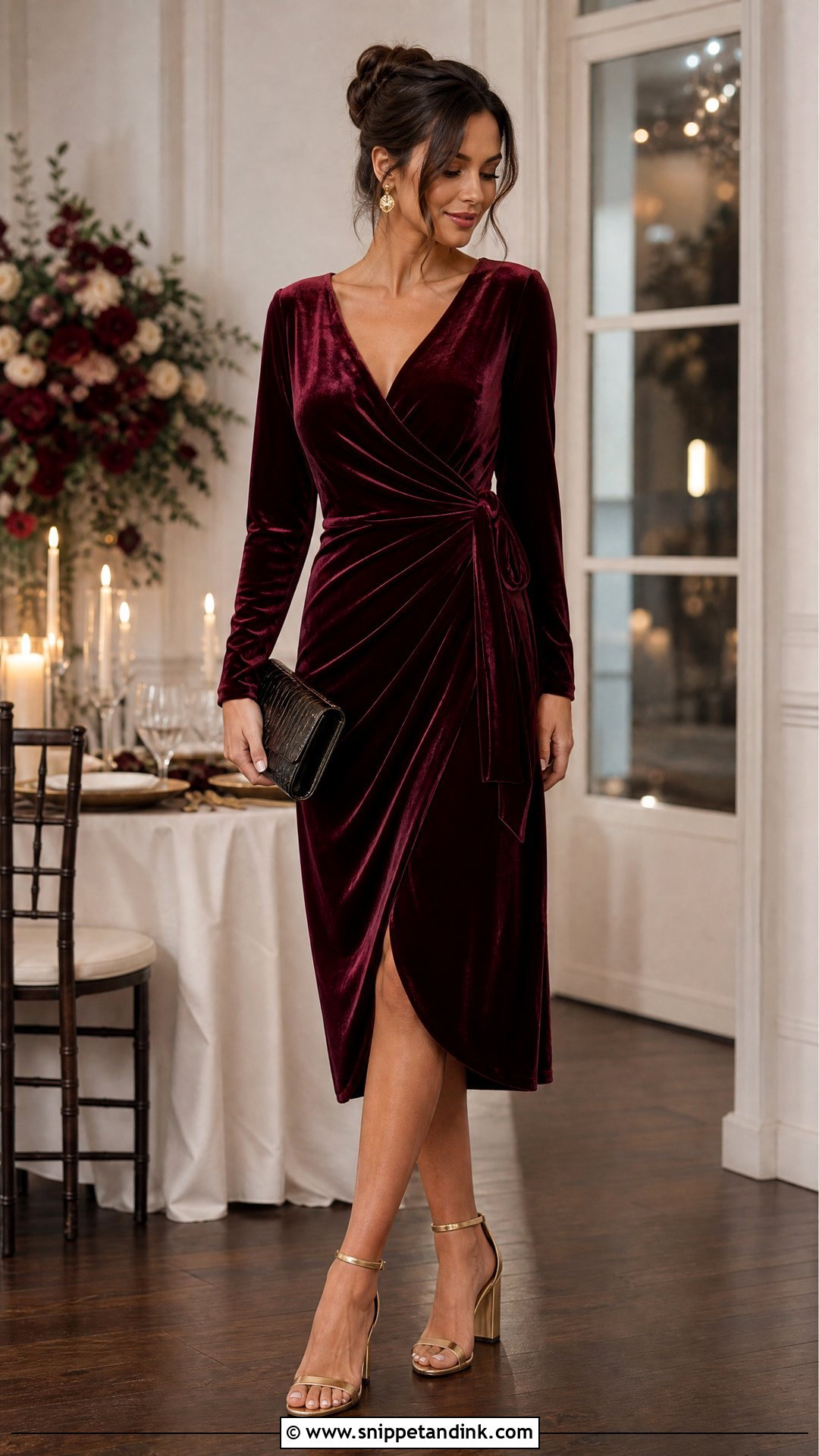 Burgundy Velvet Dress With Golden Heels - Snippet and Ink - 25 Golden Heels Wedding Ideas