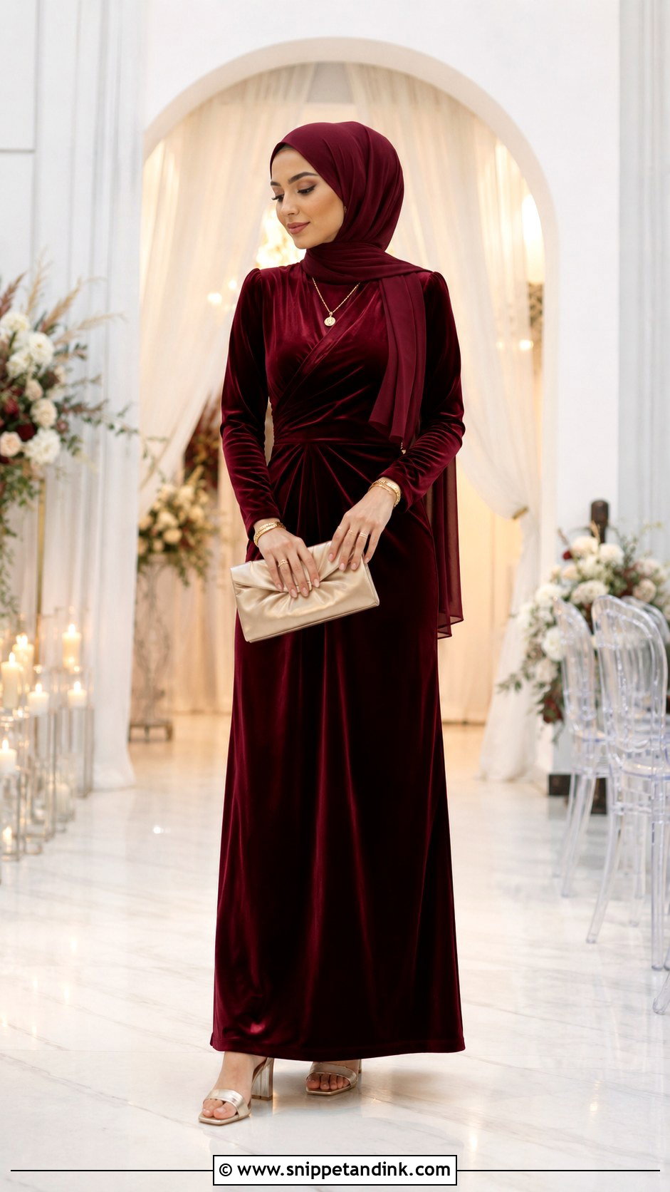 Burgundy Velvet Dress With Jersey Hijab - Snippet and Ink - 30 Wedding Hijab Styles
