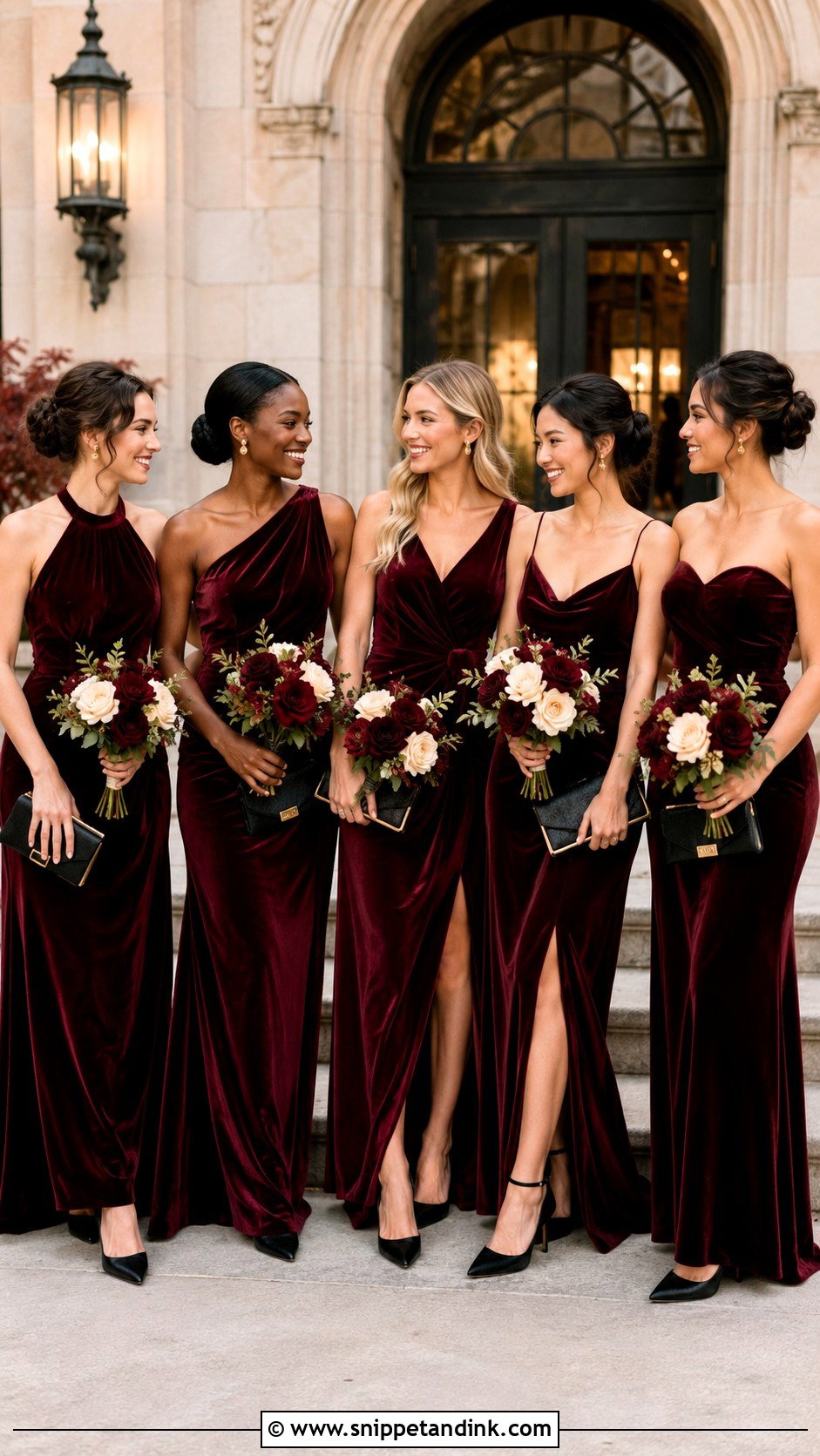 Burgundy Velvet Fall Bridal Party Dresses - Snippet and Ink - 20 Fall Bridal Party Ideas