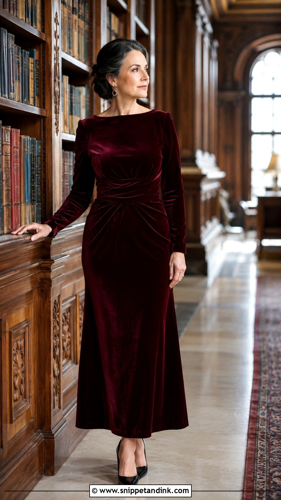 Burgundy Velvet Gown Library Photoshoot - Snippet and Ink - 20 Gown Photoshoot Ideas