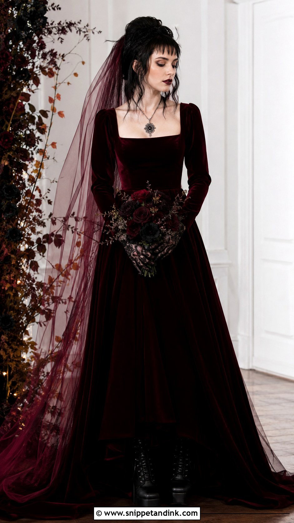 Burgundy Velvet Lydia Deetz Wedding Dress - Snippet and Ink - 20 Lydia Deetz Wedding Dress Ideas