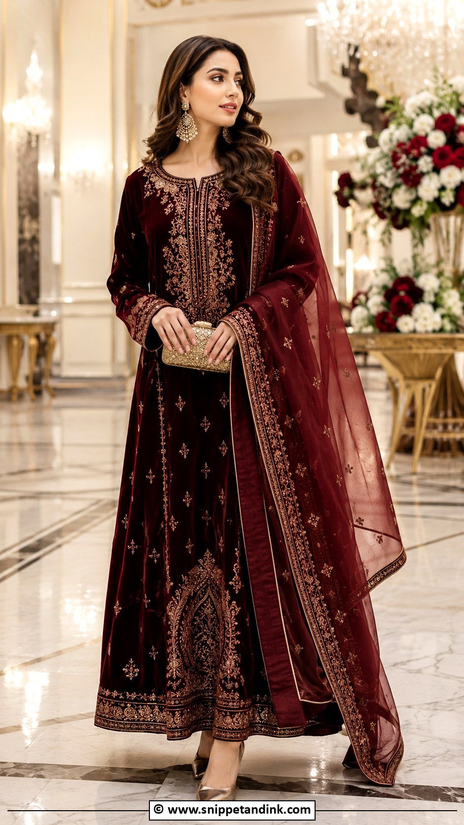 Burgundy Velvet Maxi Barat Dress - Snippet and Ink - 30 Barat Dresses Pakistani for Sisters