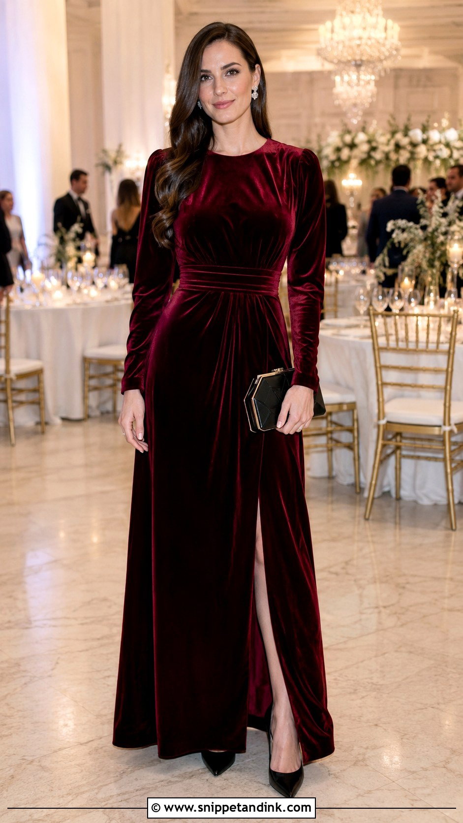 Burgundy Velvet Maxi Dress With Black Pumps - Snippet and Ink - 20 Burgundy Dress Wedding Outfit Ideas