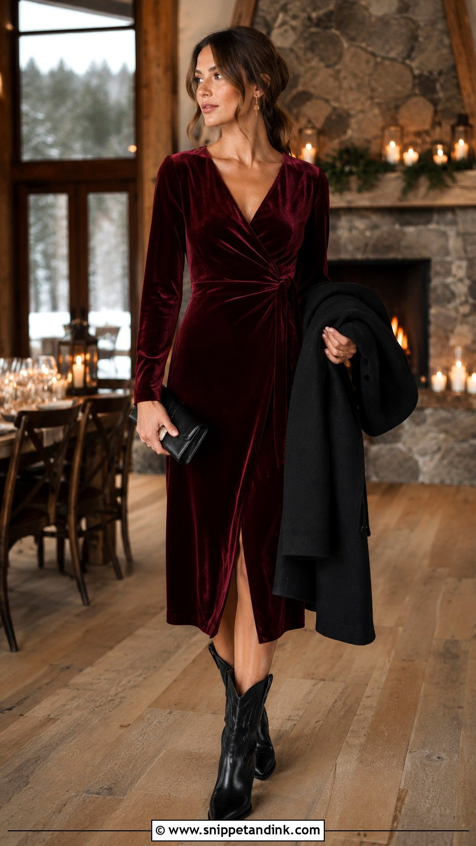 Burgundy Velvet Midi Dress With Black Boots - Snippet and Ink - 20 Western Rehearsal Dinner Outfit Ideas