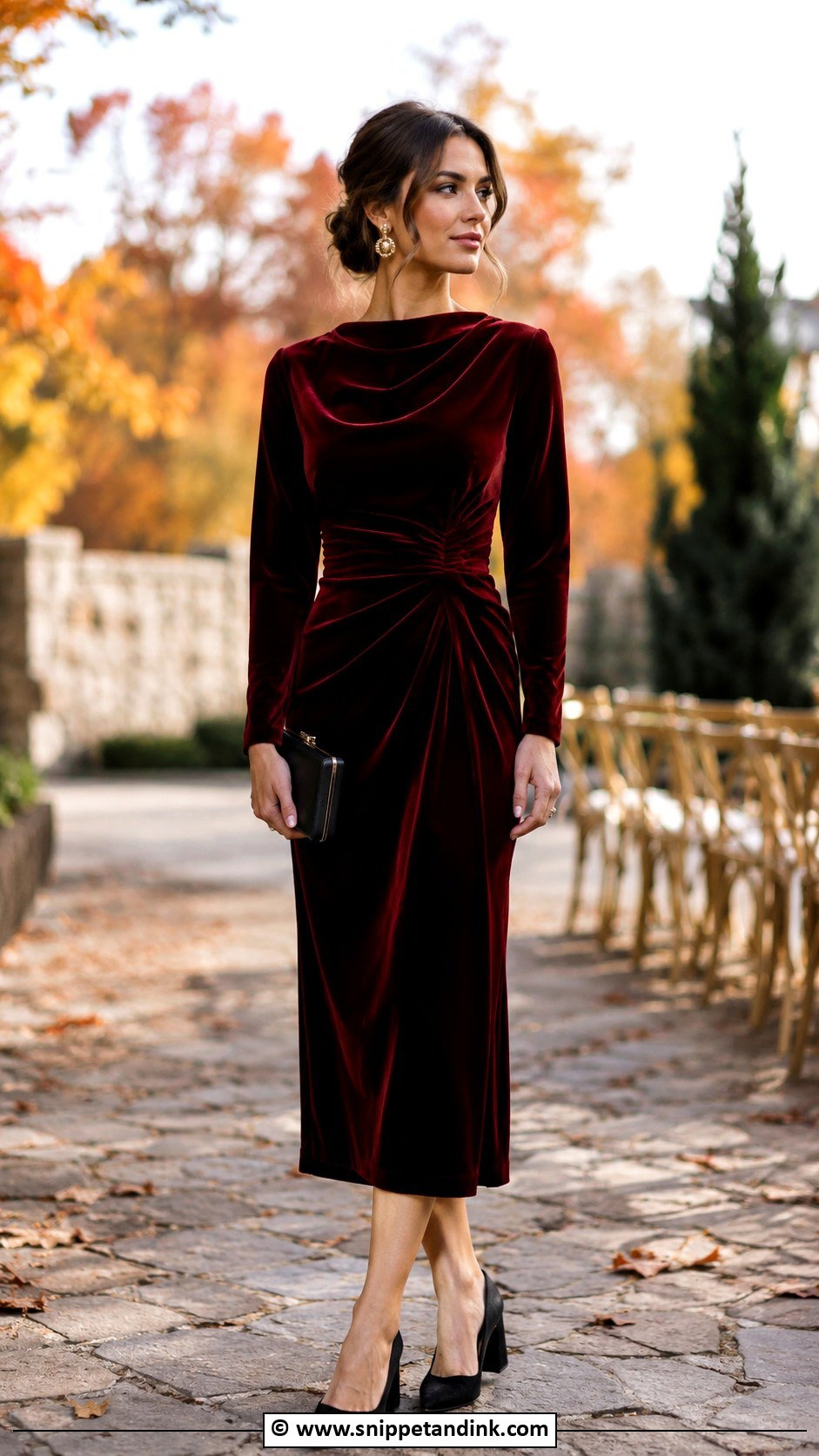 Burgundy Velvet Midi Dress - Snippet and Ink - 30 Fall Wedding Dress Ideas