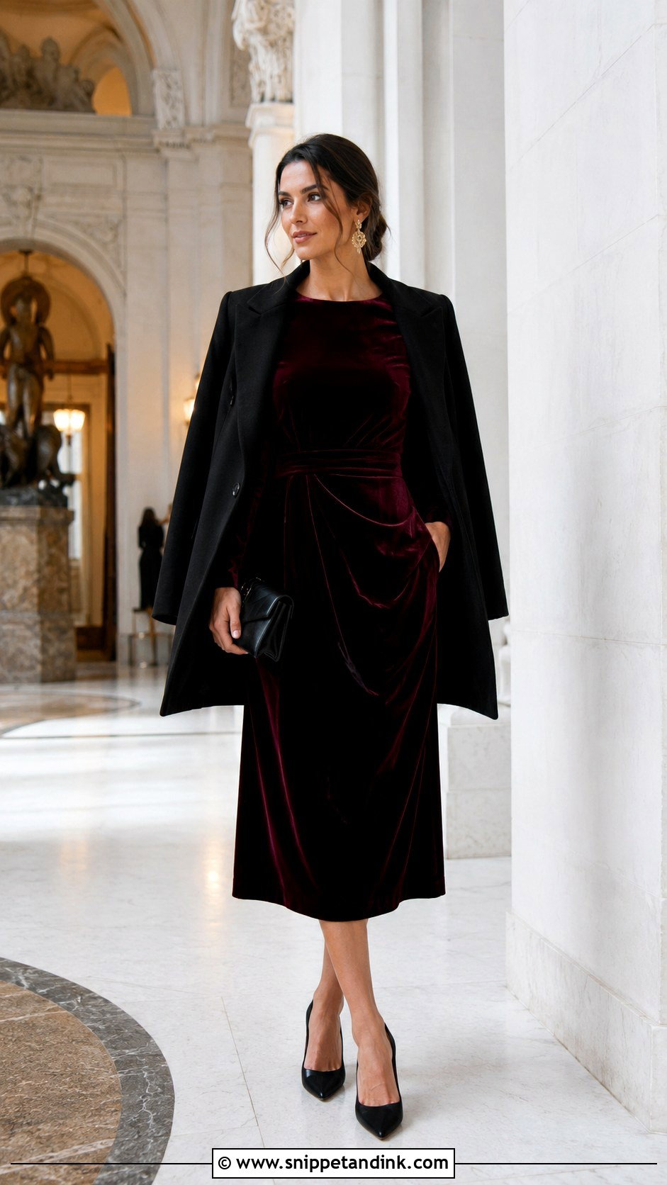 Burgundy Velvet Midi Wedding Outfit - Snippet and Ink - 20 Classy Wedding Outfits