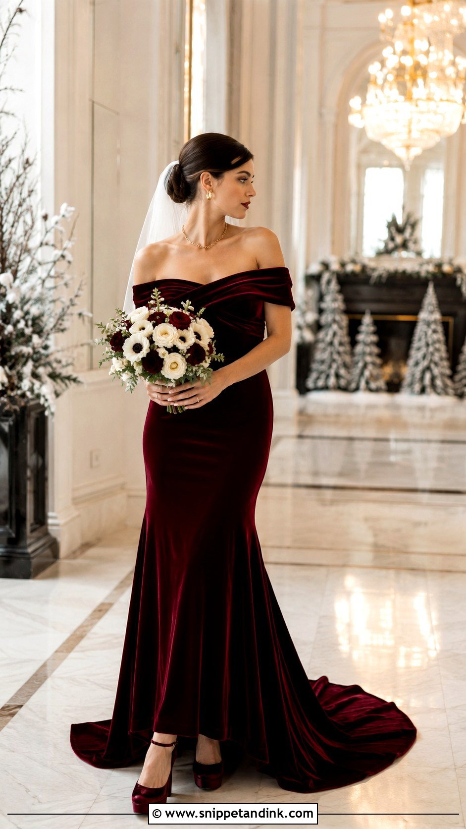 Burgundy Velvet Off Shoulder Gown - Snippet and Ink - 20 Burgundy Wedding Gown Ideas