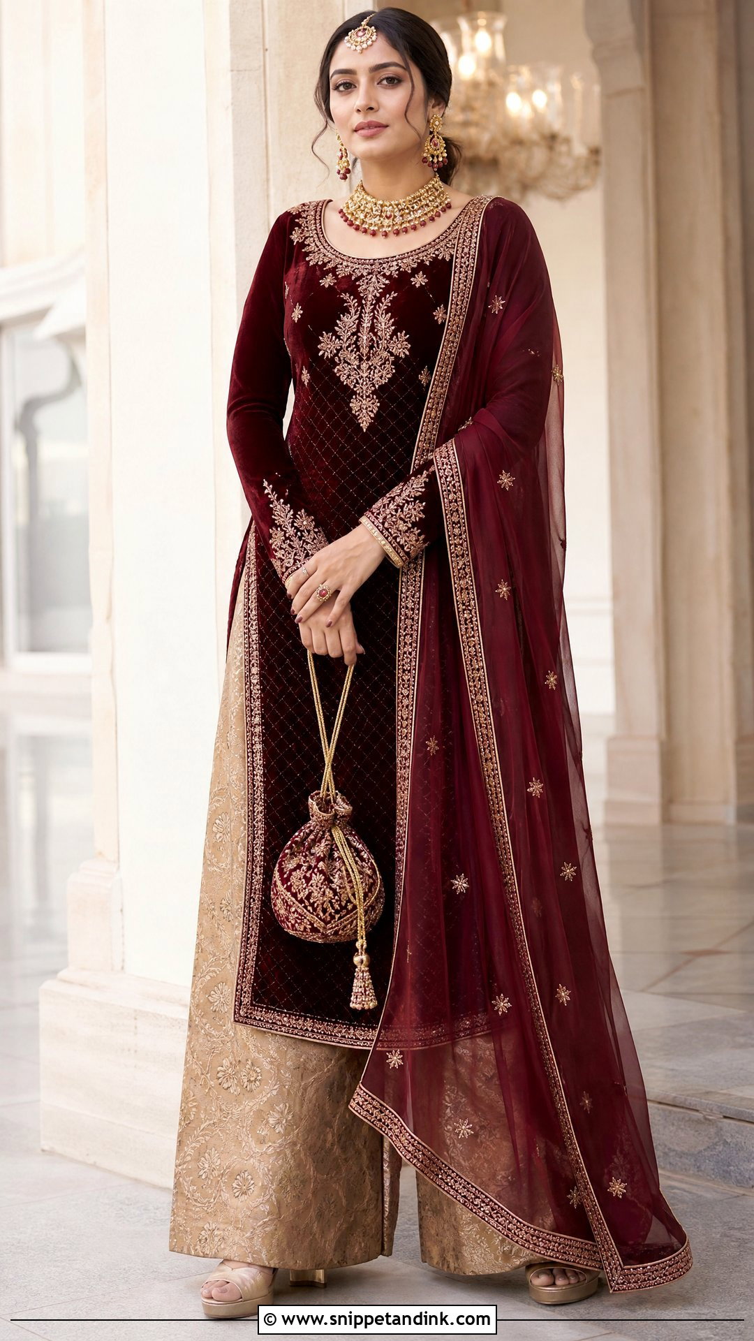 Burgundy Velvet Palazzo Bridal Suit - Snippet and Ink - 20 Indian Bridal Suits for Women