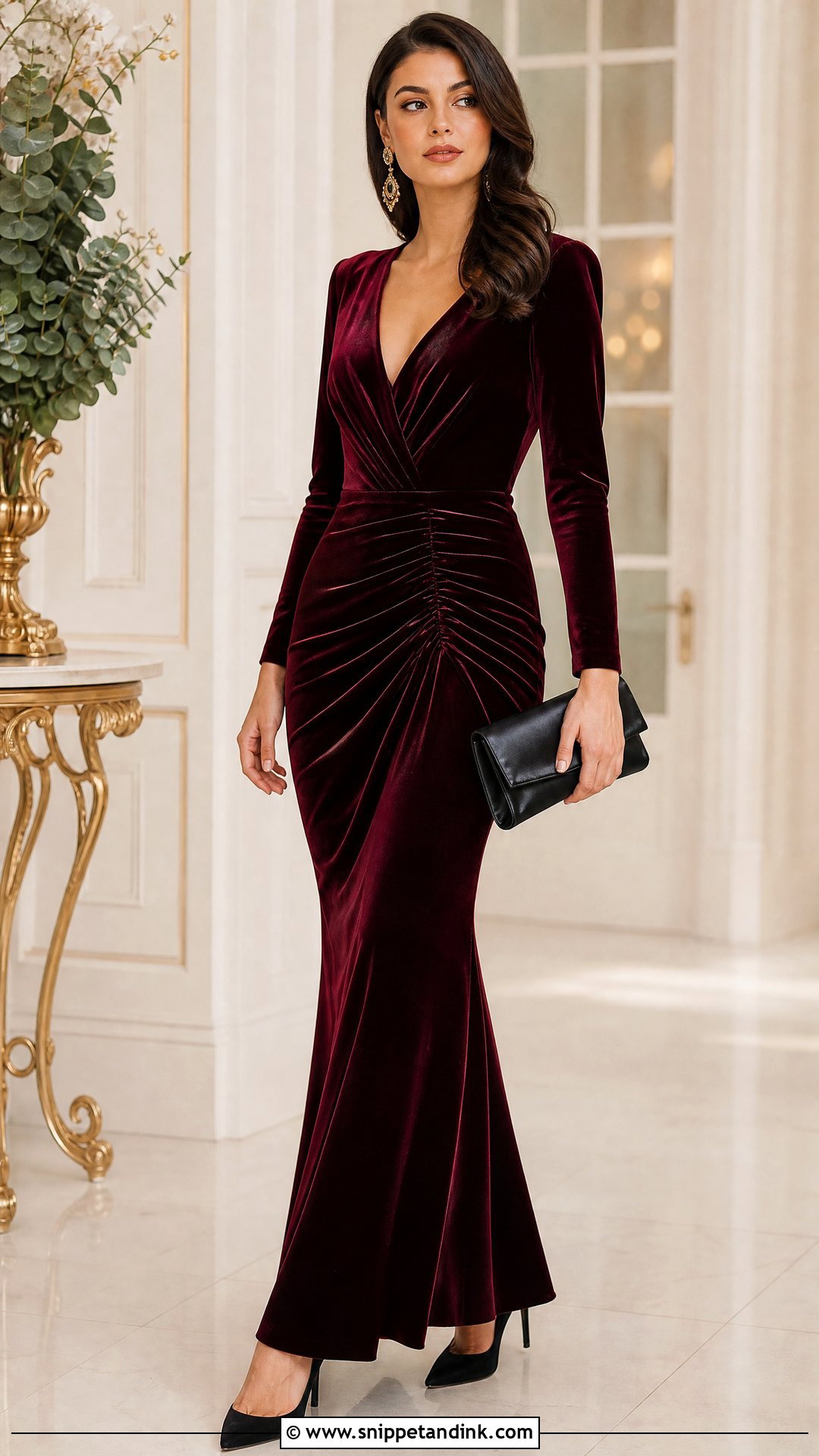 Burgundy Velvet Ruched Gown - Snippet and Ink - 20 Ruched Gown Ideas
