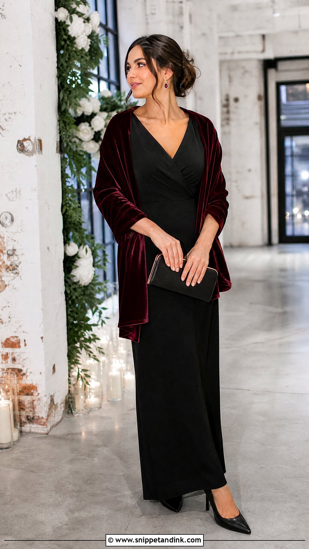 Burgundy Velvet Shawl With Black Bridesmaid Dress - Snippet and Ink - 20 Winter Wedding Shawl Ideas
