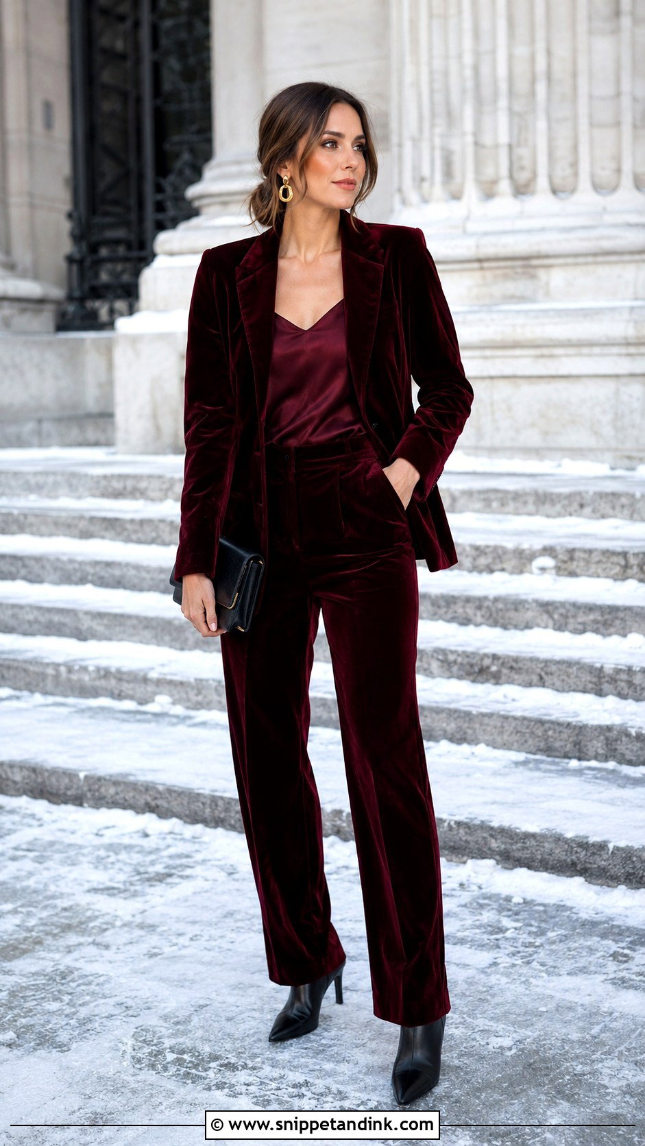 Burgundy Velvet Suit With Heeled Boots - Snippet and Ink - 25 Winter Civil Wedding Outfit Ideas