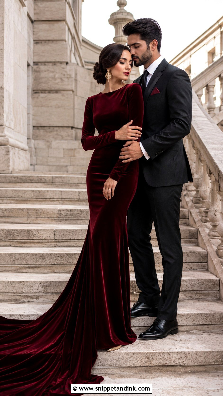Burgundy Velvet Tail Gown - Snippet and Ink - 20 Tail Gown for Pre Wedding Ideas