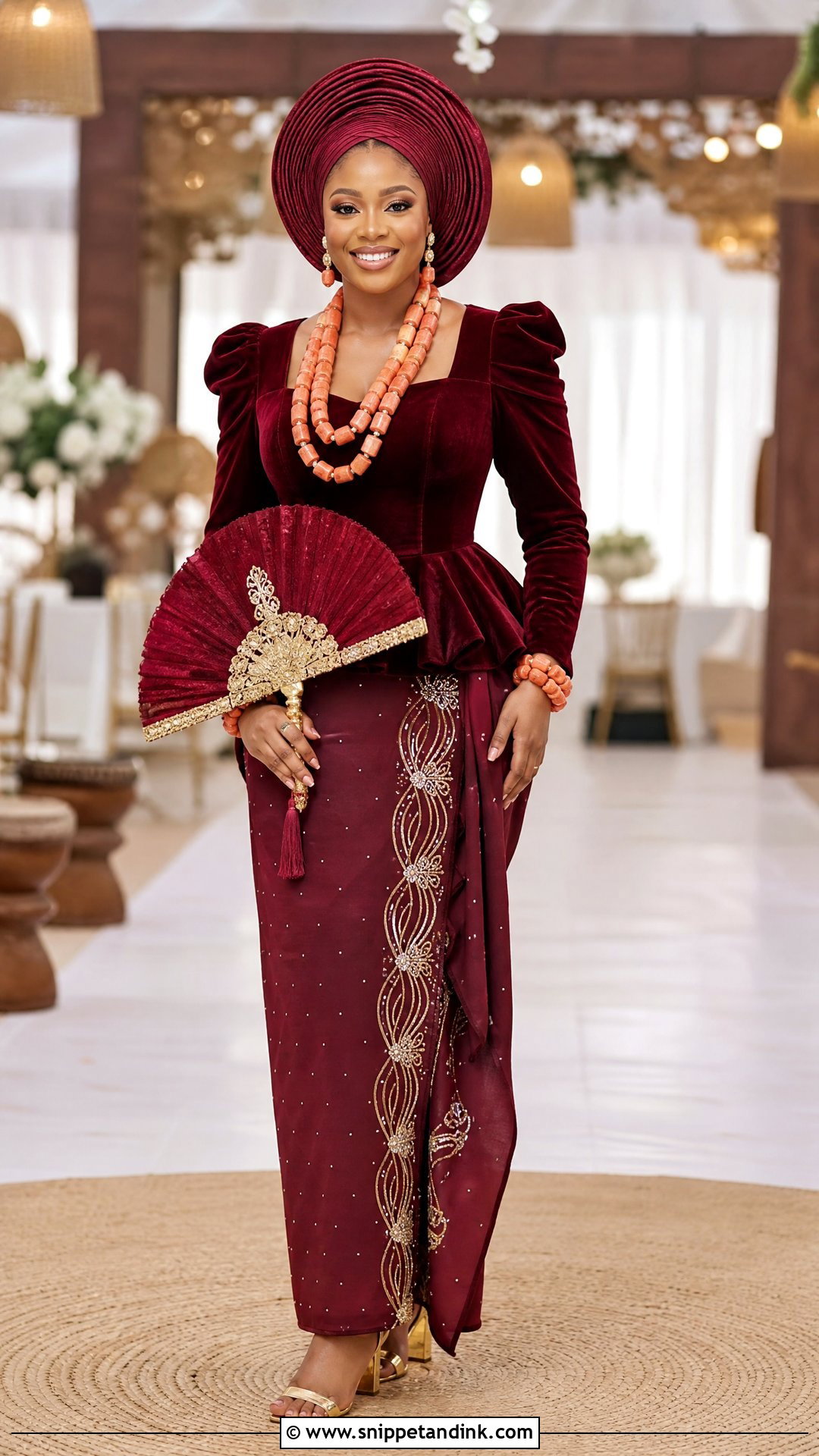 Burgundy Velvet Urhobo Bride Outfit - Snippet and Ink - 20 Urhobo Bride Ideas