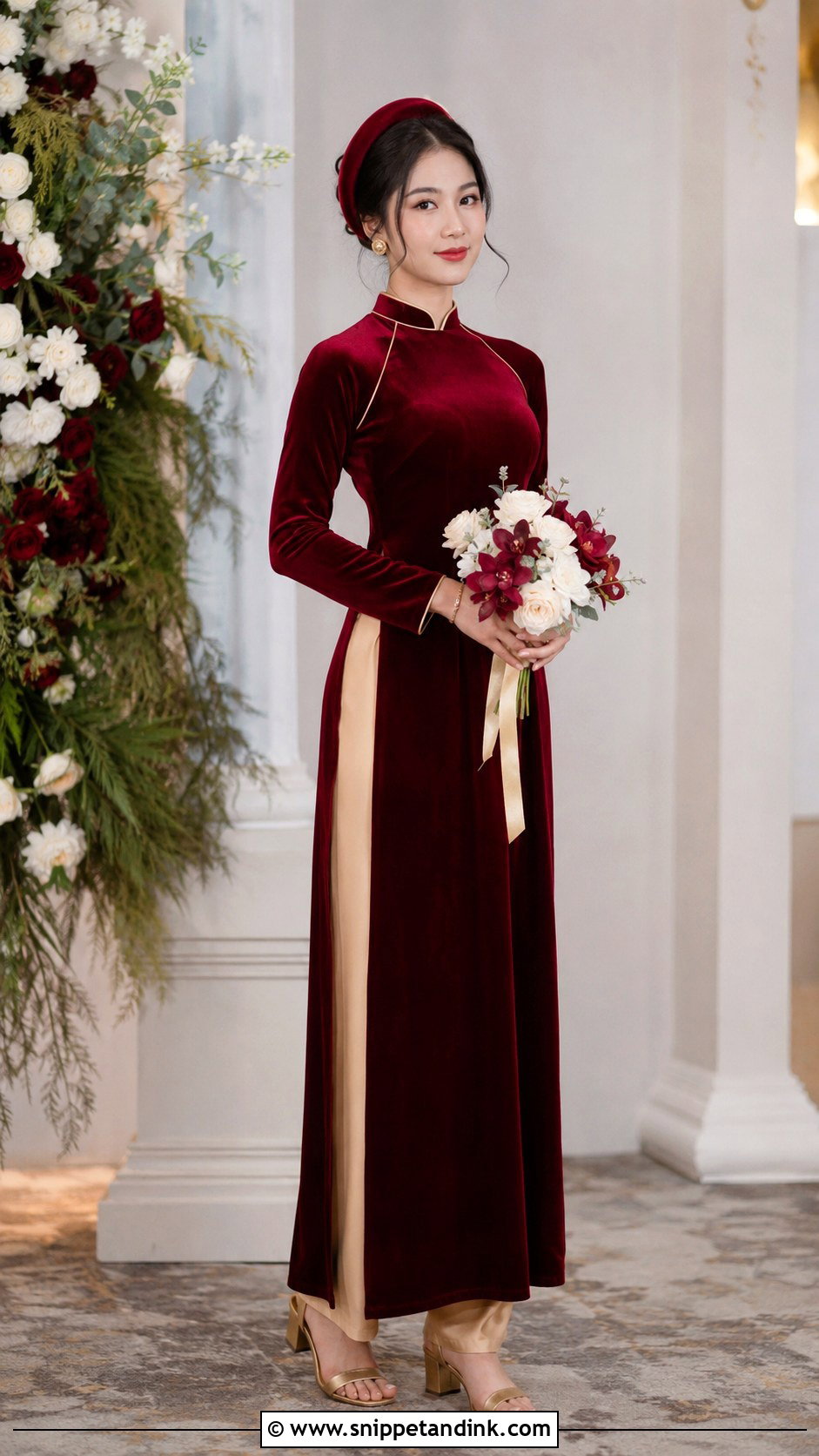 Burgundy Velvet Vietnamese Wedding o Dai - Snippet and Ink - 20 Vietnam Wedding Dress Ideas