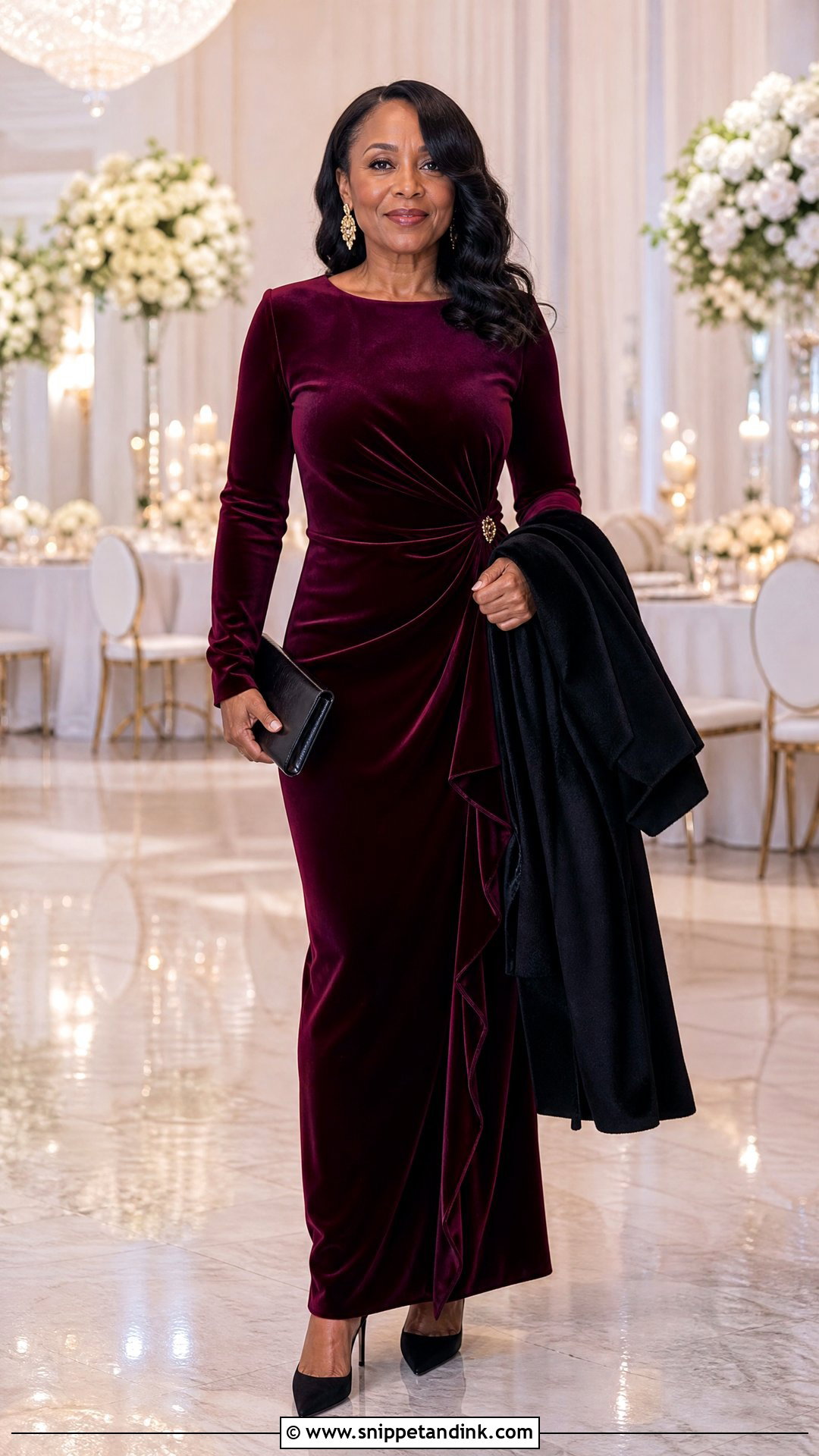 Burgundy Velvet Wedding Guest Outfit - Snippet and Ink - 20 Wedding Outfit Black Women Ideas