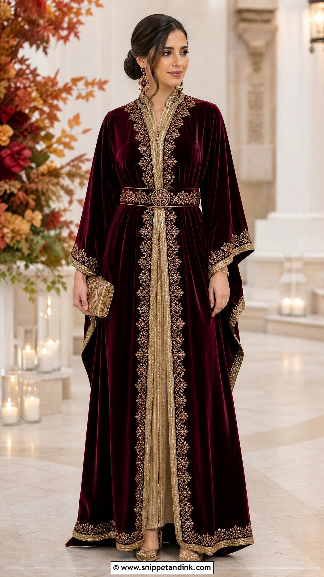 Burgundy Velvet Wedding Kaftan With Statement Earrings - Snippet and Ink - 20 Wedding Kaftan Ideas