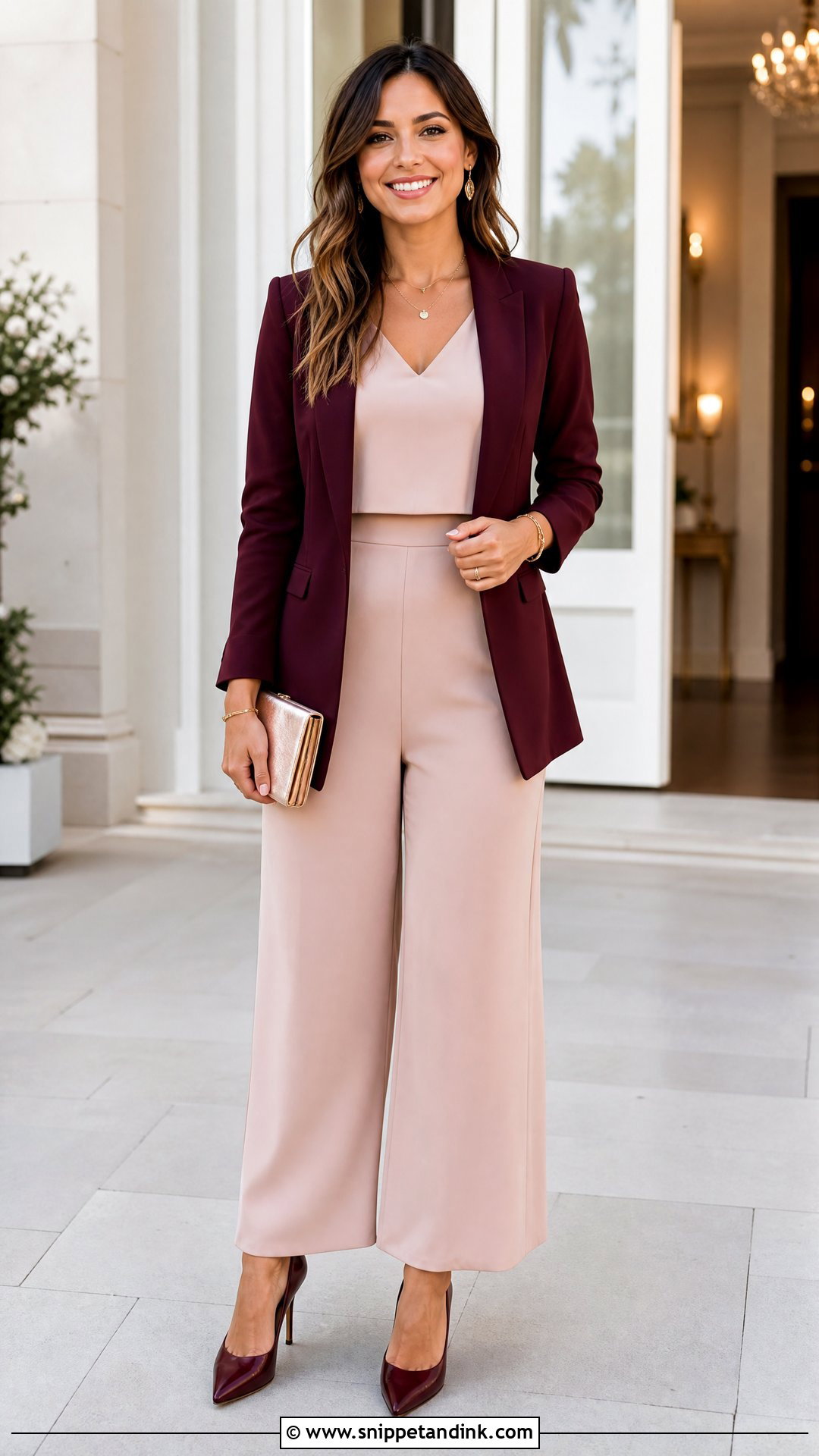 Burgundy Wedding Blazer With Midi Jumpsuit - Snippet and Ink - 20 Wedding Blazers Ideas
