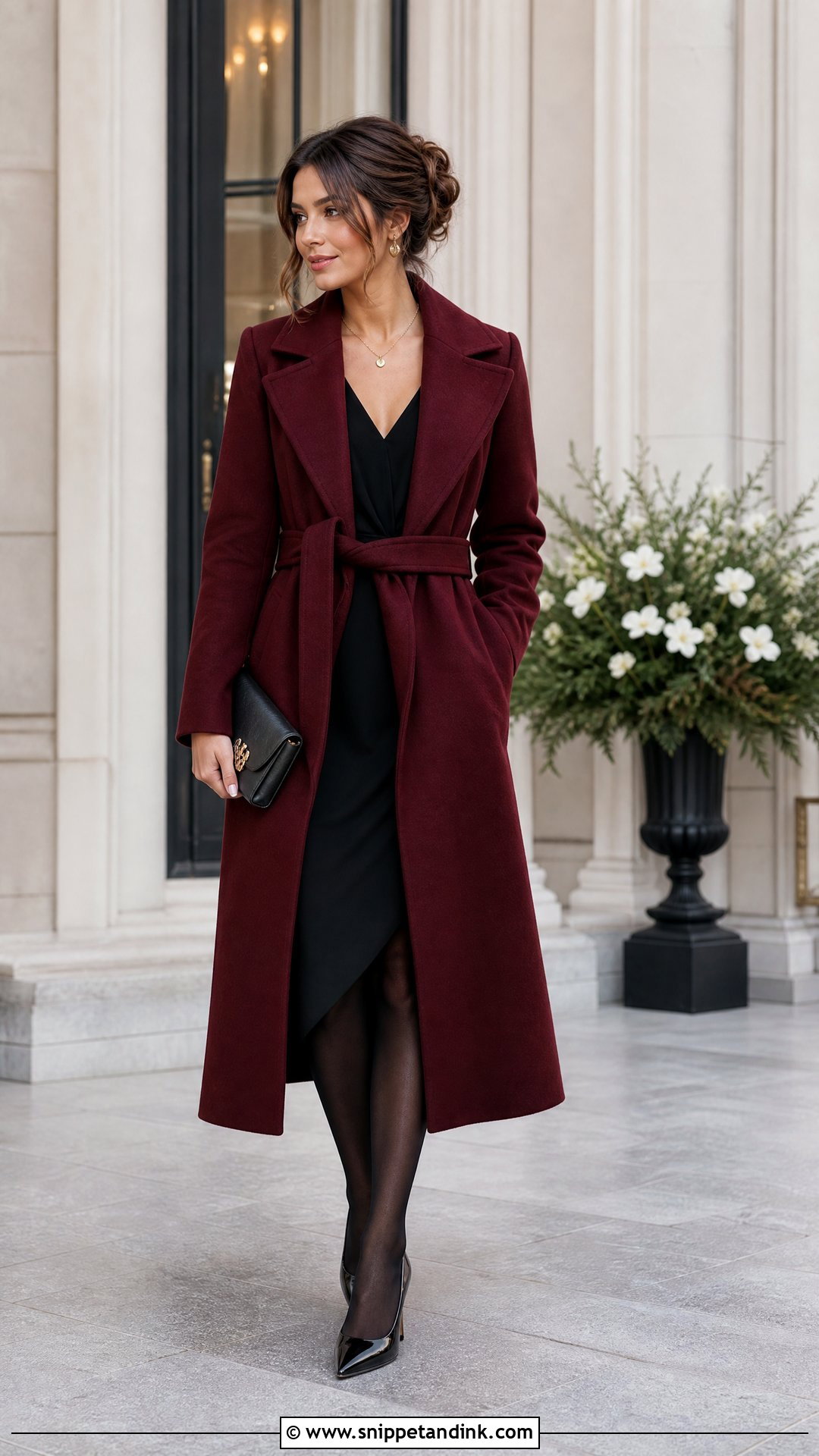 Burgundy Wedding Coat With Black Dress - Snippet and Ink - 25 Wedding Coat Ideas