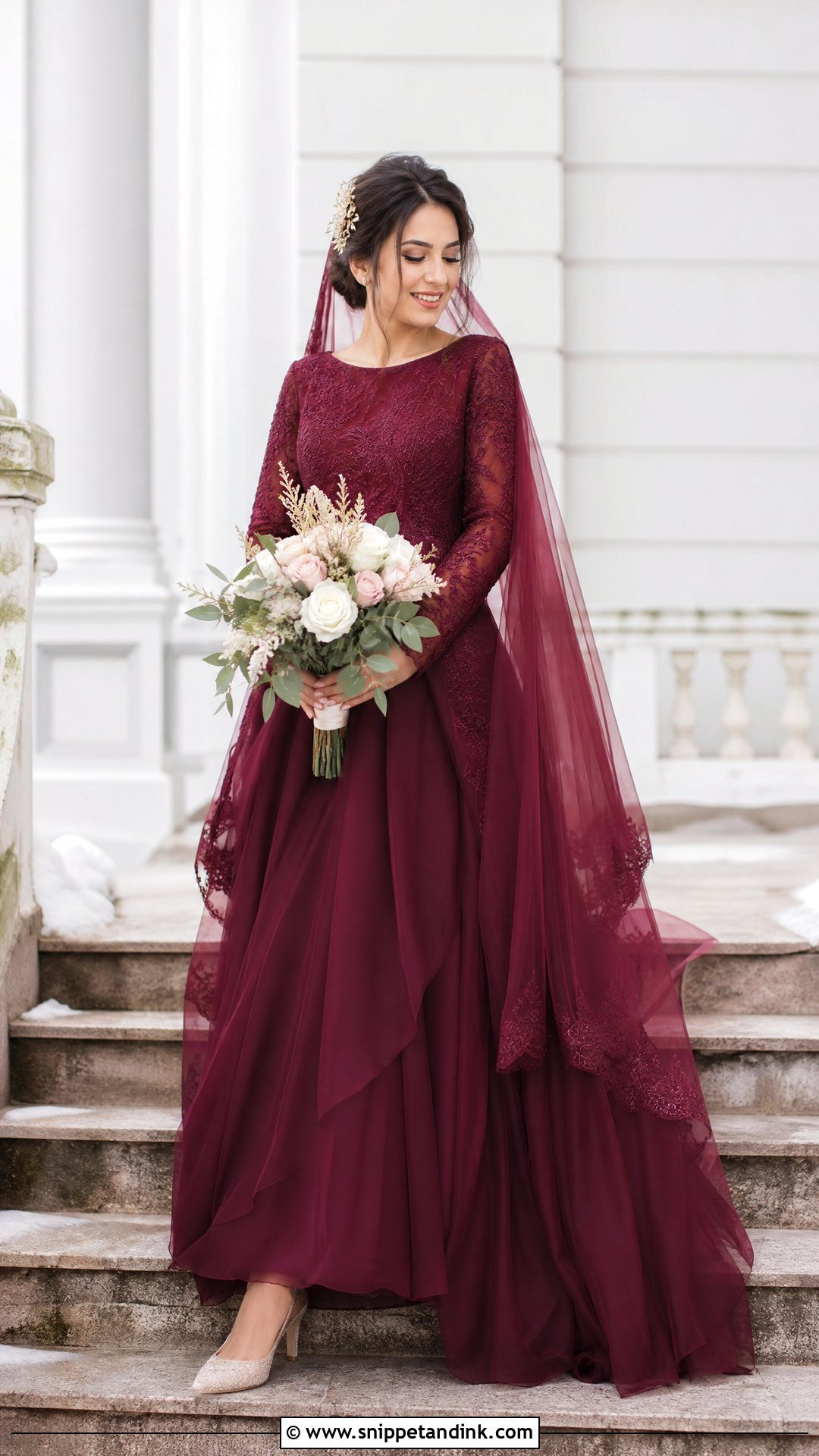 Burgundy Wedding Dress With Champagne Accessories - Snippet and Ink - 20 Nontraditional Wedding Dress Color Ideas