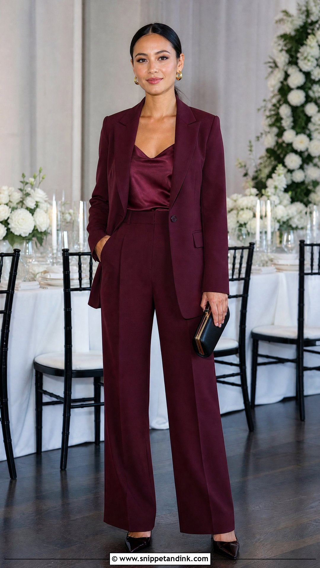 Burgundy Wedding Party Pantsuit - Snippet and Ink - 20 Wedding Party Outfit Ideas