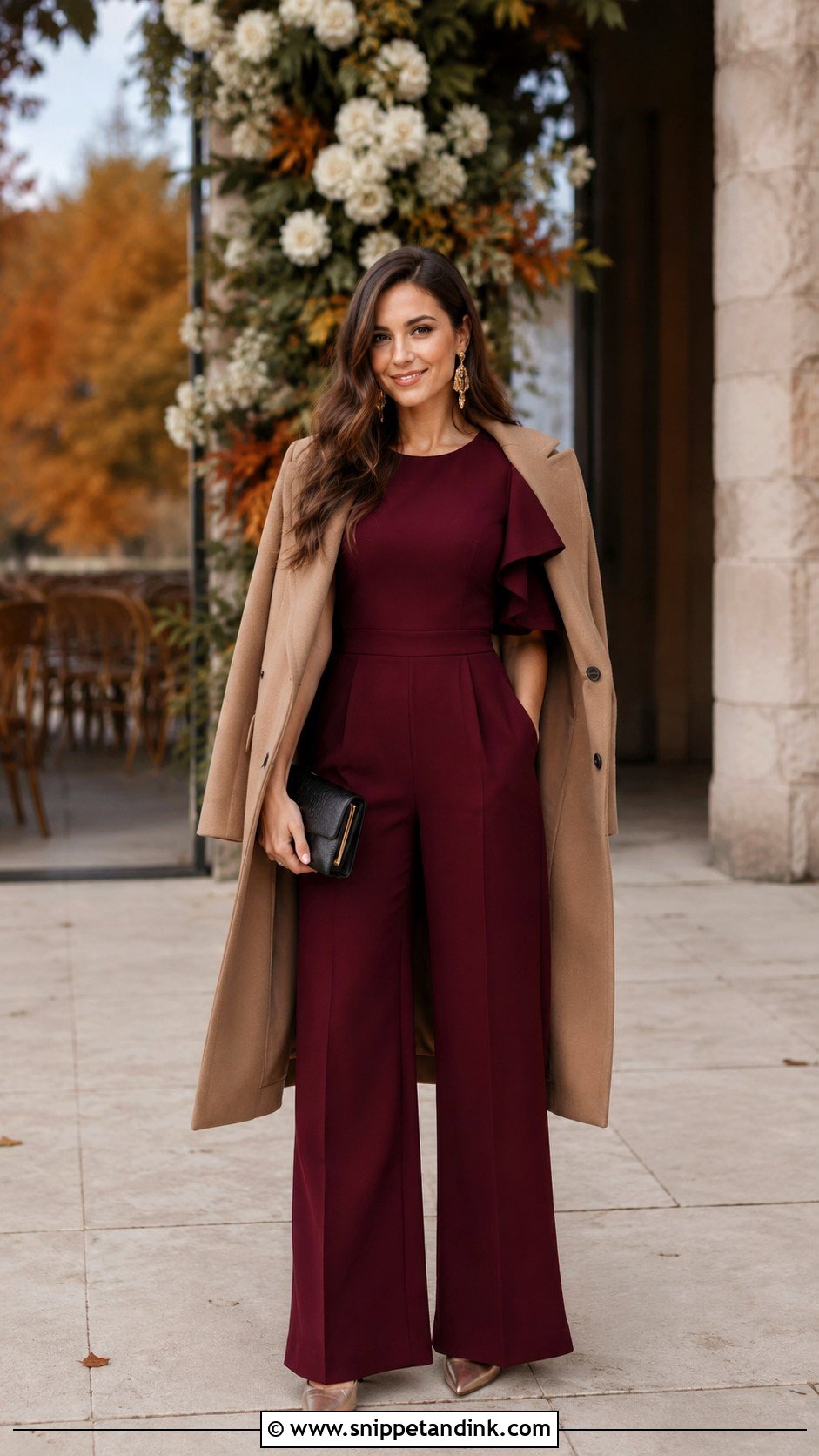Burgundy Wide Leg Jumpsuit Fall Wedding Outfit - Snippet and Ink - 20 Fall Semi Formal Wedding Attire Ideas